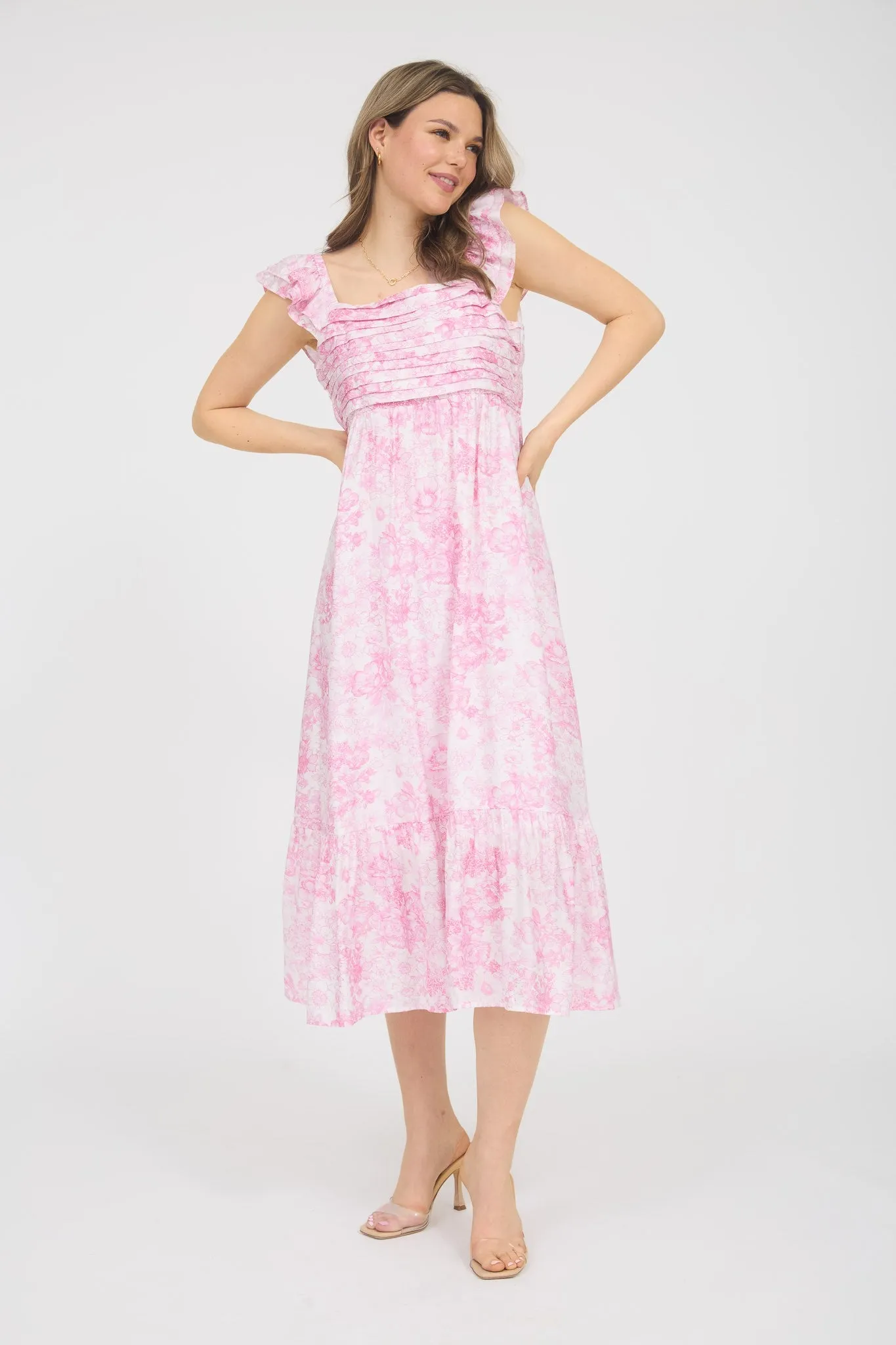 Pink Floral Ruffle Strap Pleated Bodice Midi Dress sold by Pinkblush