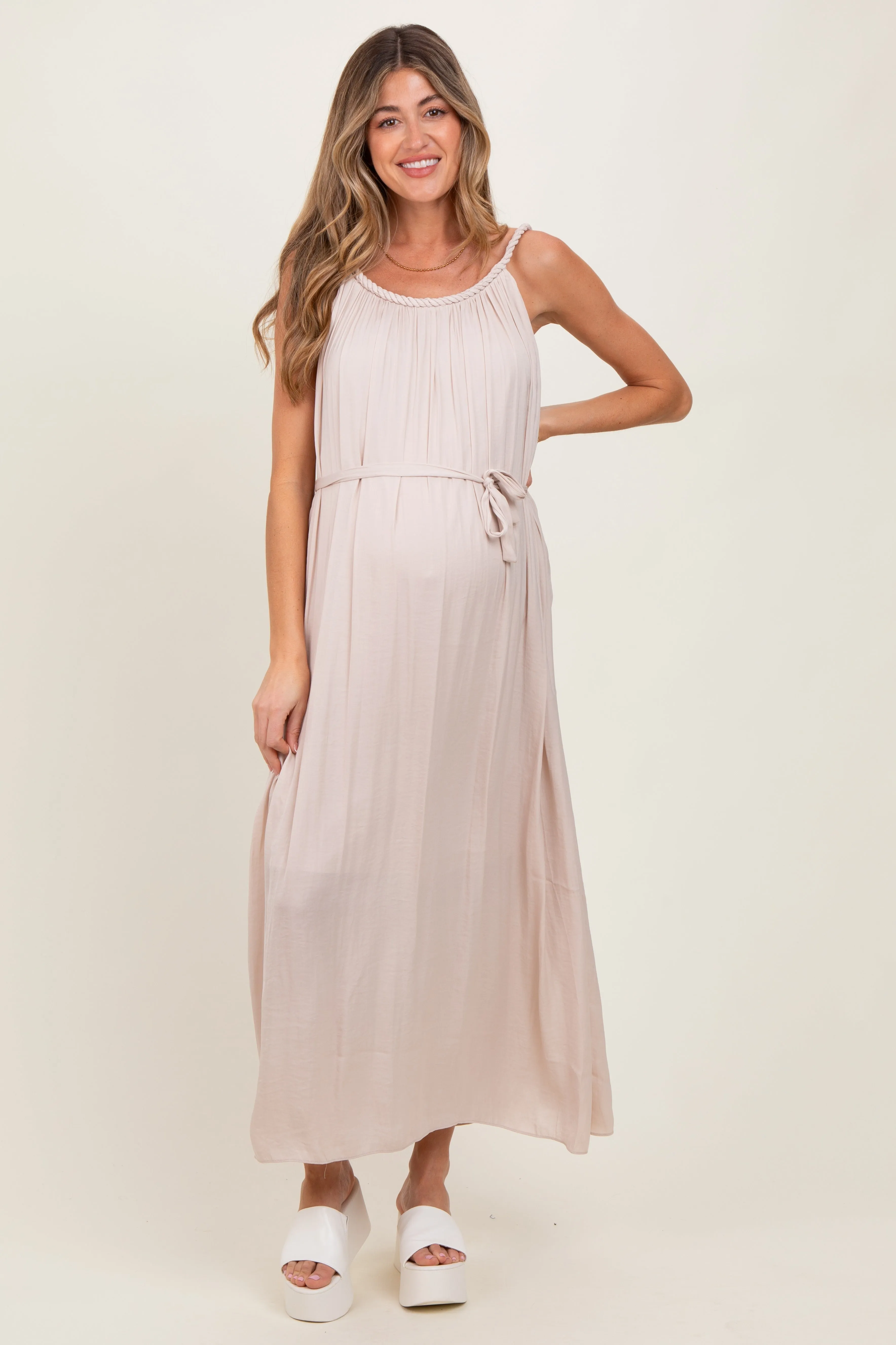 Cream Braided Neckline Maternity Maxi Dress sold by Pinkblush