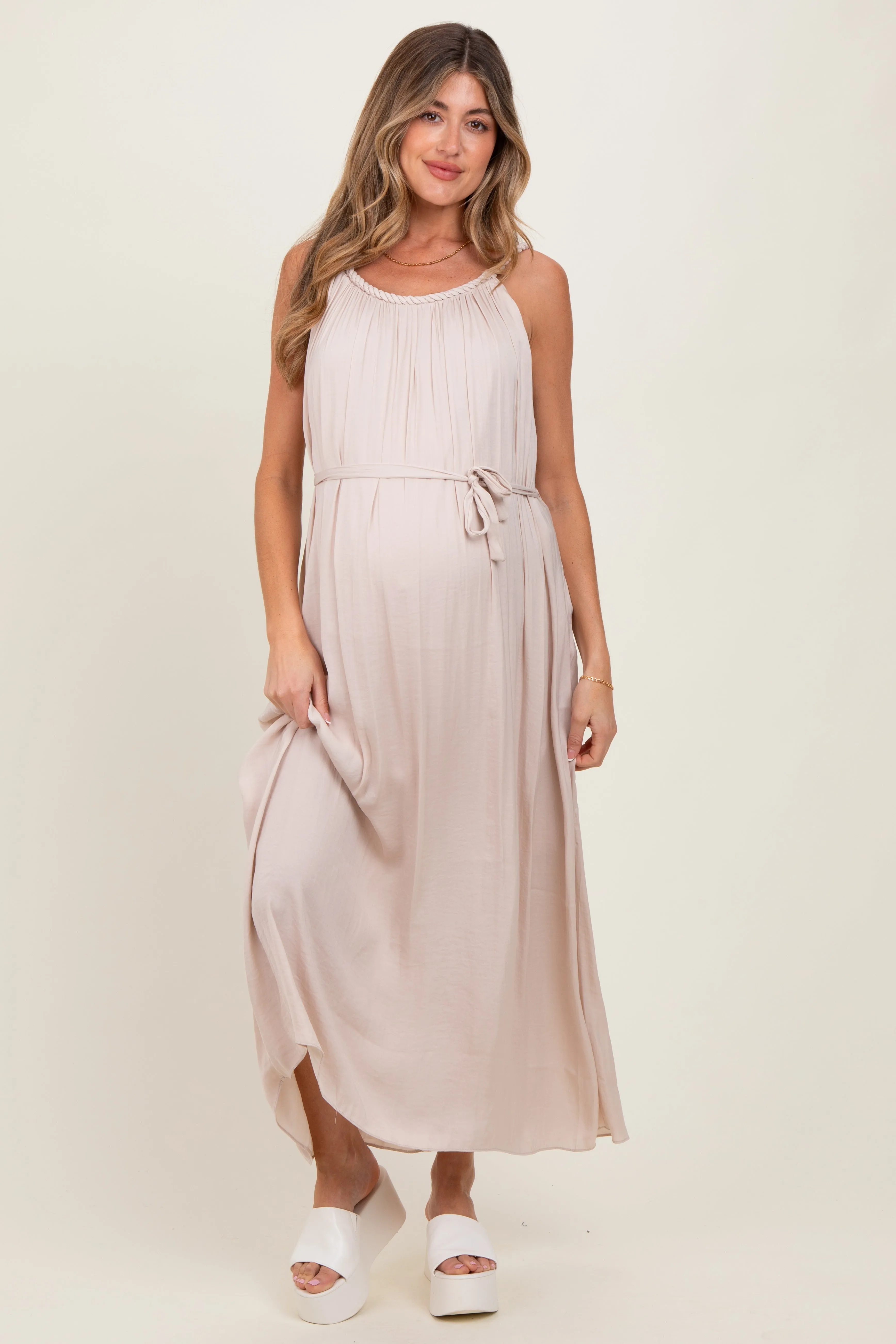 Cream Braided Neckline Maternity Maxi Dress sold by Pinkblush product image thumbnail 2