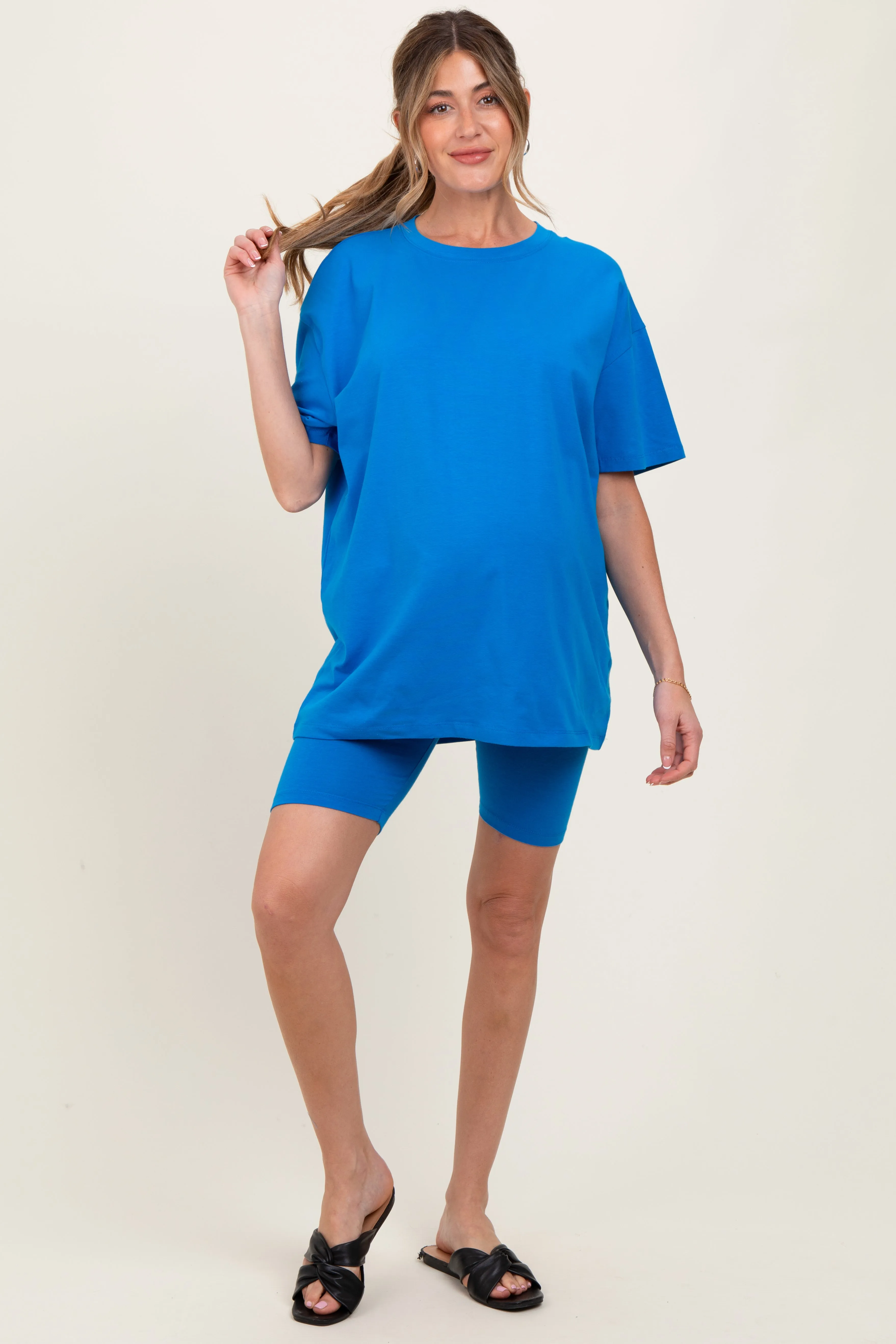 Aqua Biker Shorts Maternity Set sold by Pinkblush