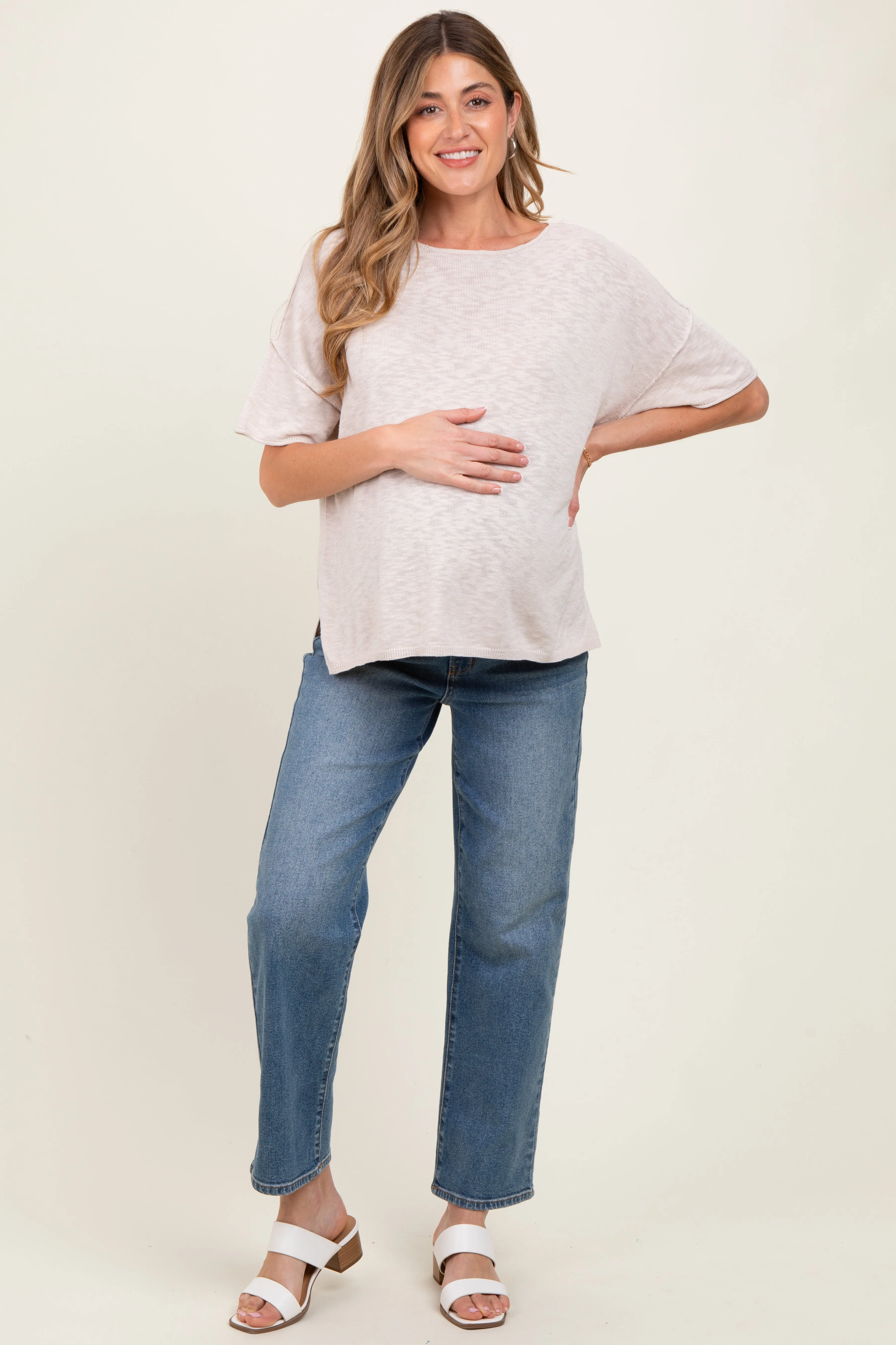 Cream Knit Drop Shoulder Short Sleeve Maternity Top sold by Pinkblush product image thumbnail 2