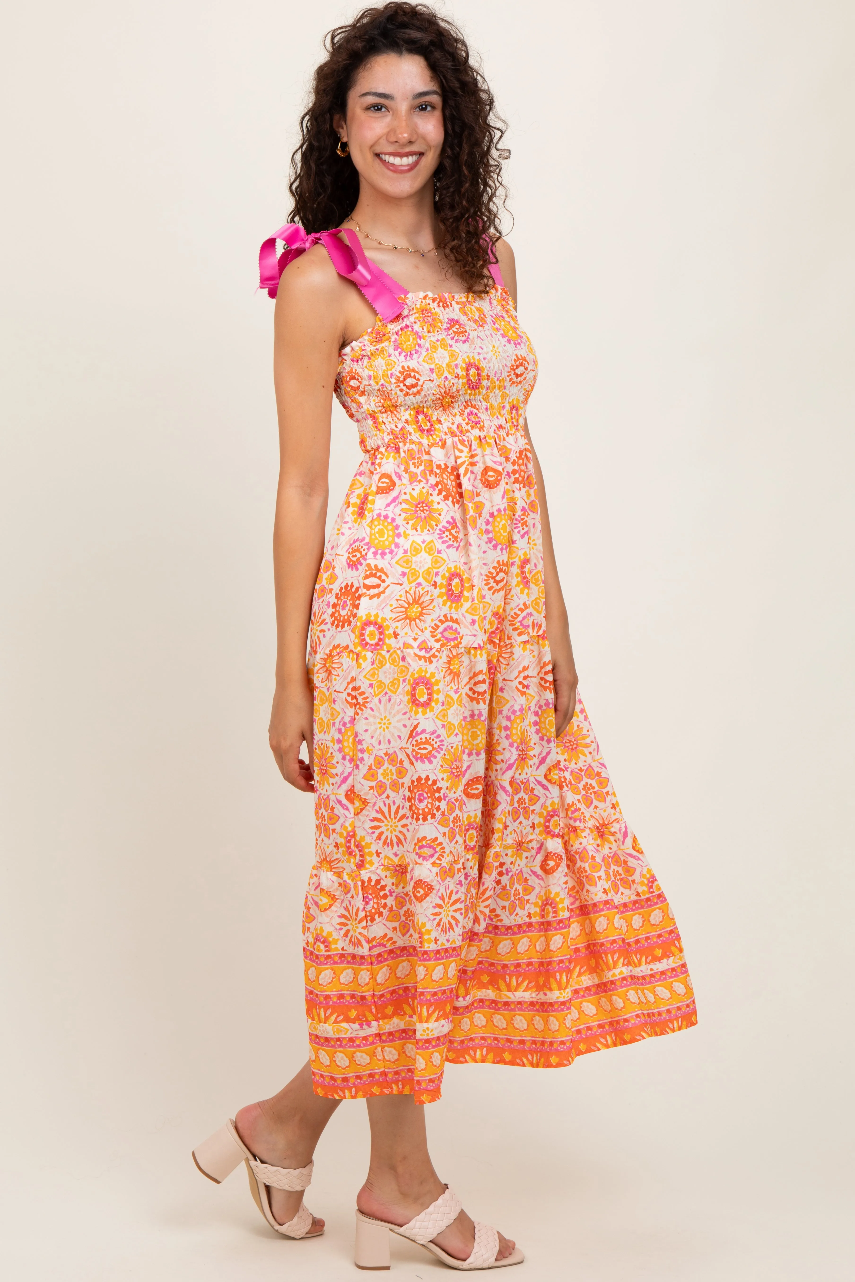 Yellow Floral Shoulder Tie Smocked Midi Dress sold by Pinkblush product image thumbnail 3