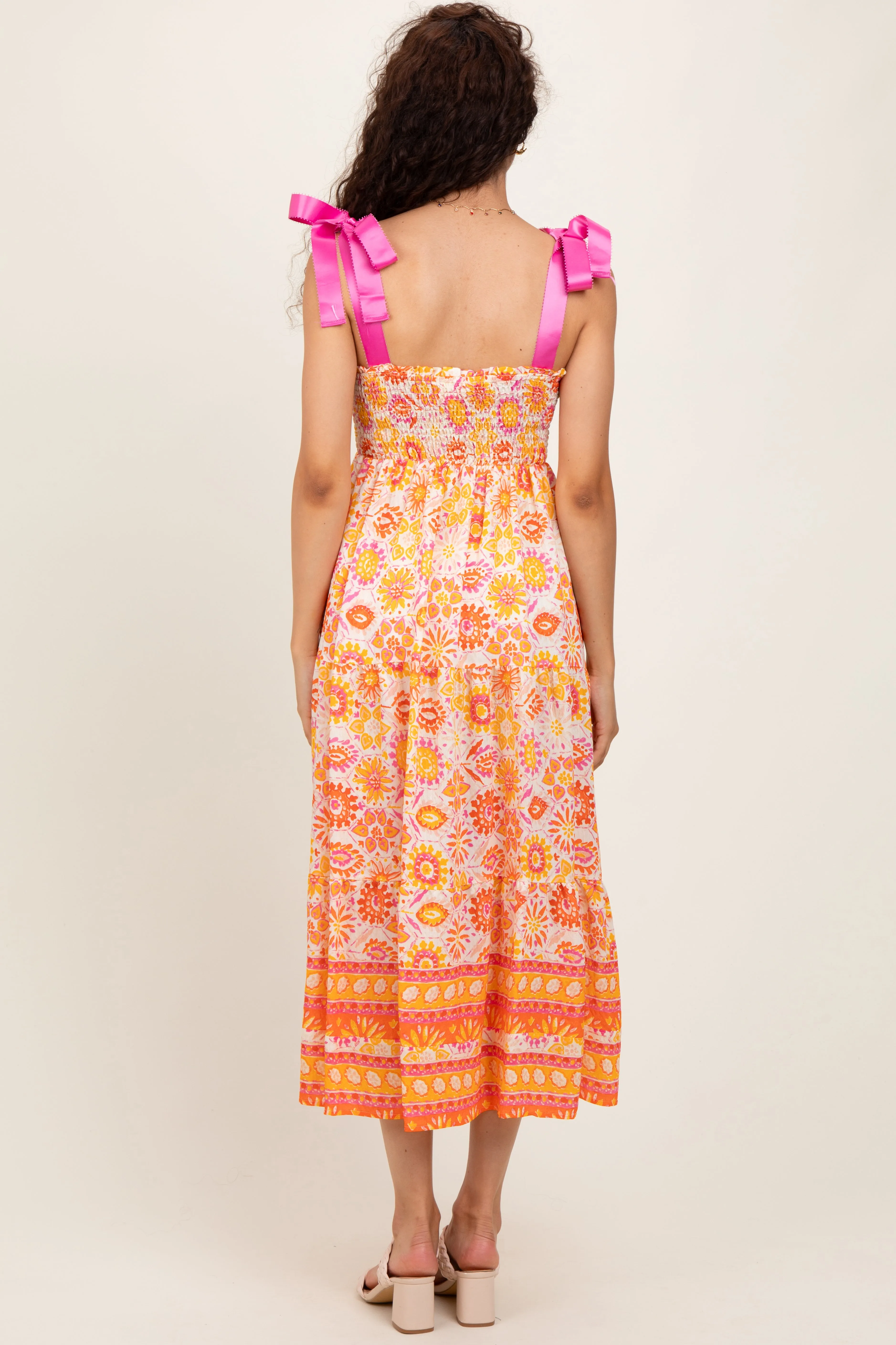 Yellow Floral Shoulder Tie Smocked Midi Dress sold by Pinkblush product image thumbnail 4