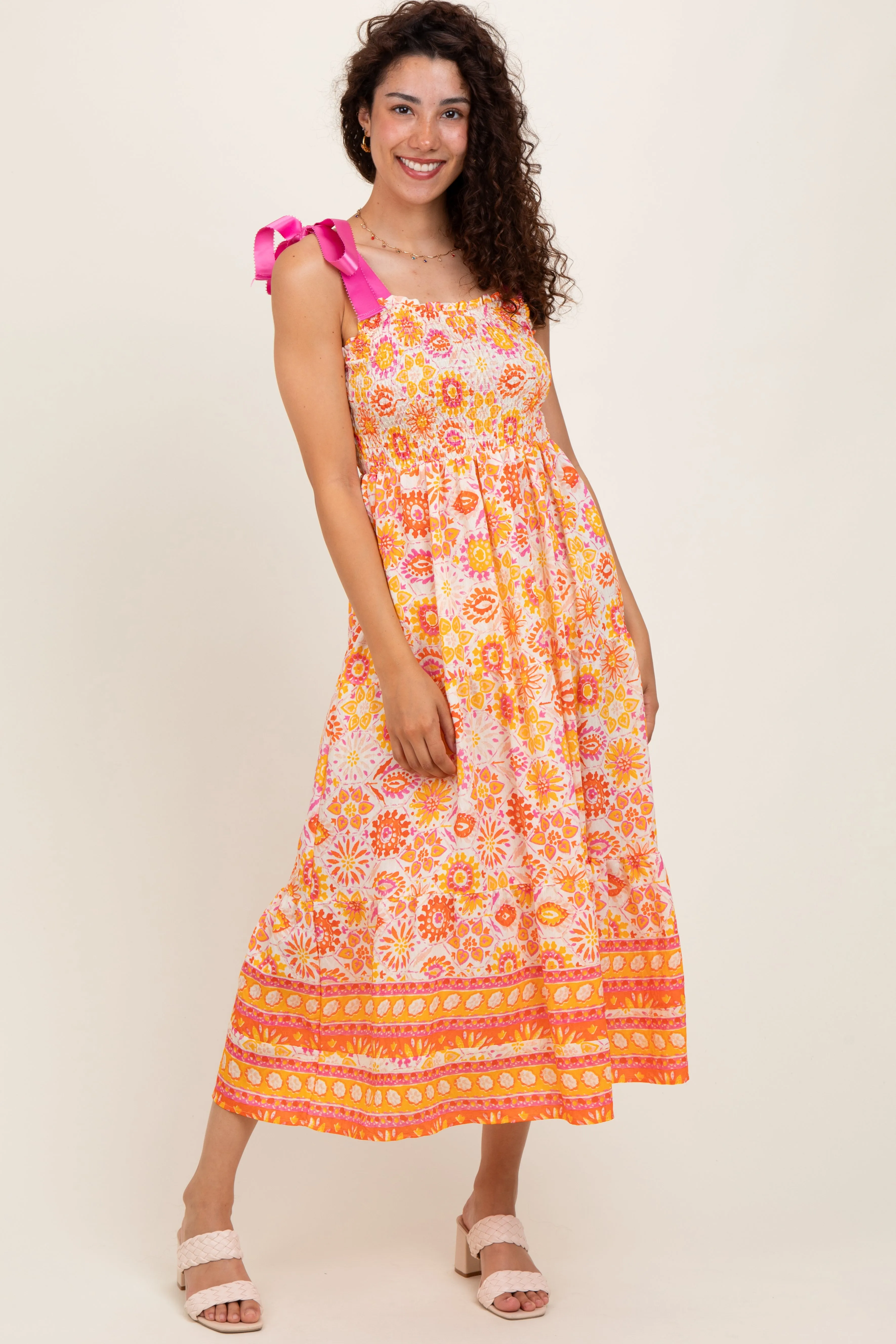 Yellow Floral Shoulder Tie Smocked Midi Dress sold by Pinkblush