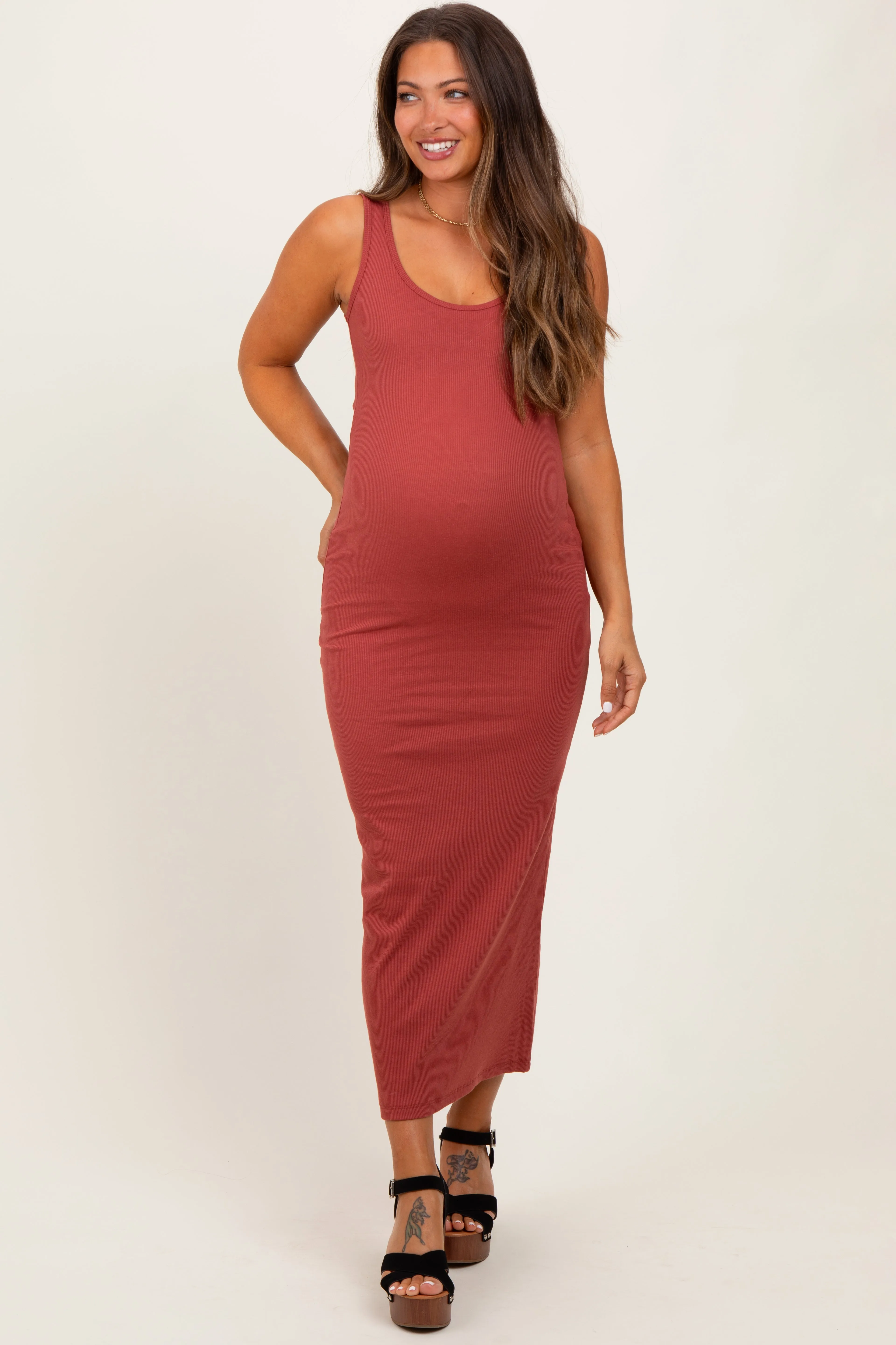 Rust Ribbed Basic Maternity Maxi Dress sold by Pinkblush