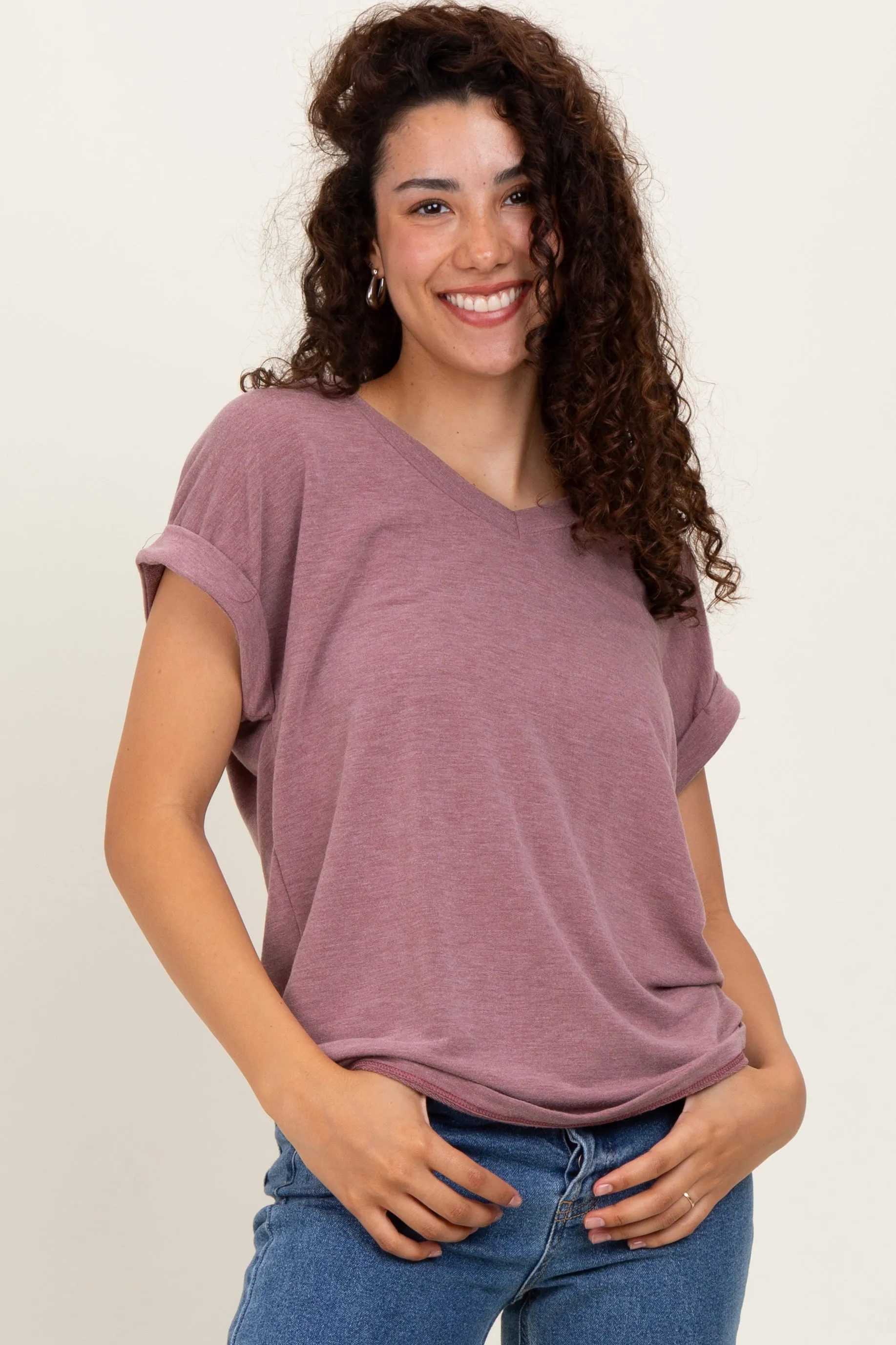 Mauve Terry V-Neck Short Sleeve Top sold by Pinkblush product image thumbnail 2