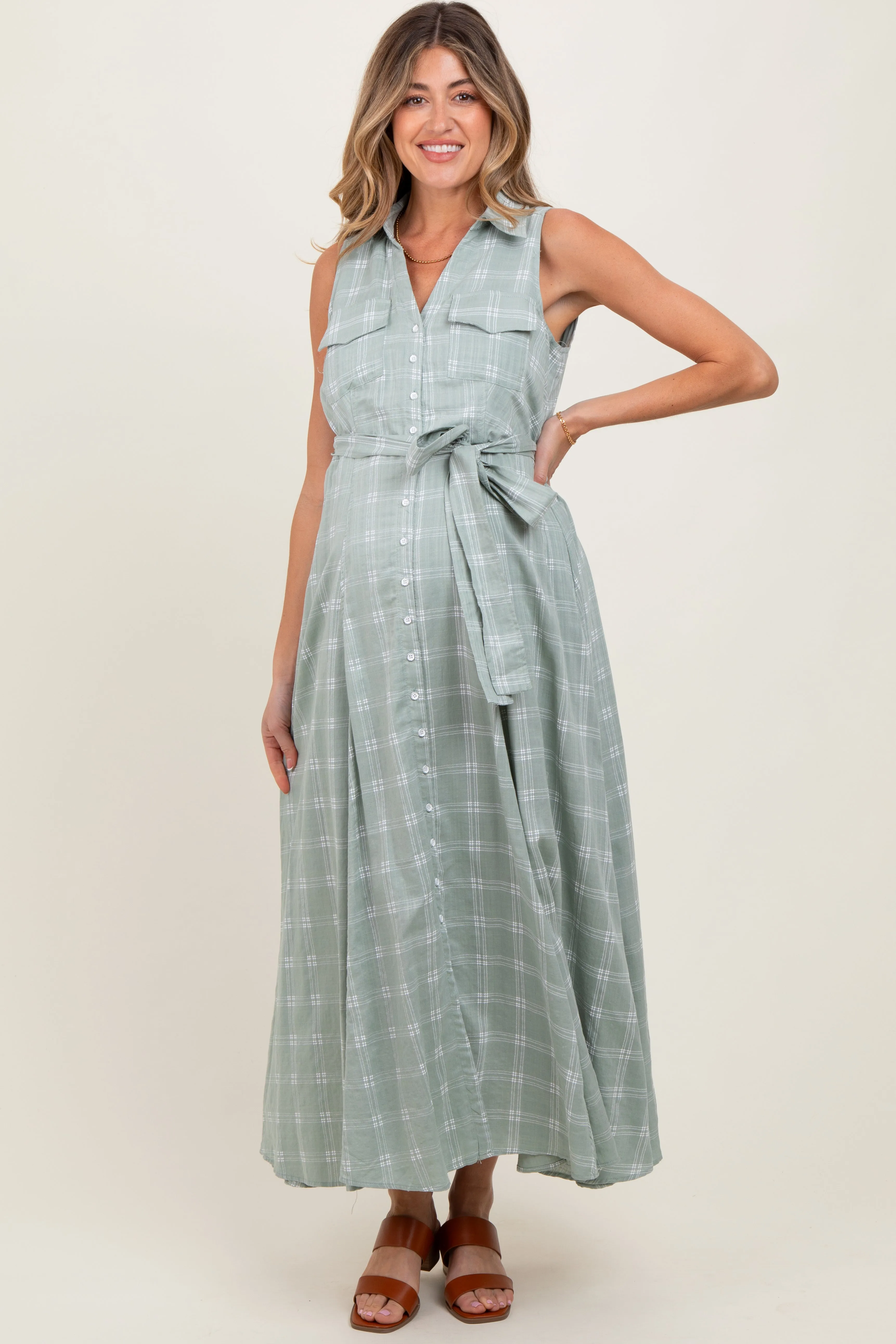 Light Olive Plaid Sleeveless Sash Tie Maternity Shirt Dress sold by Pinkblush product image thumbnail 2