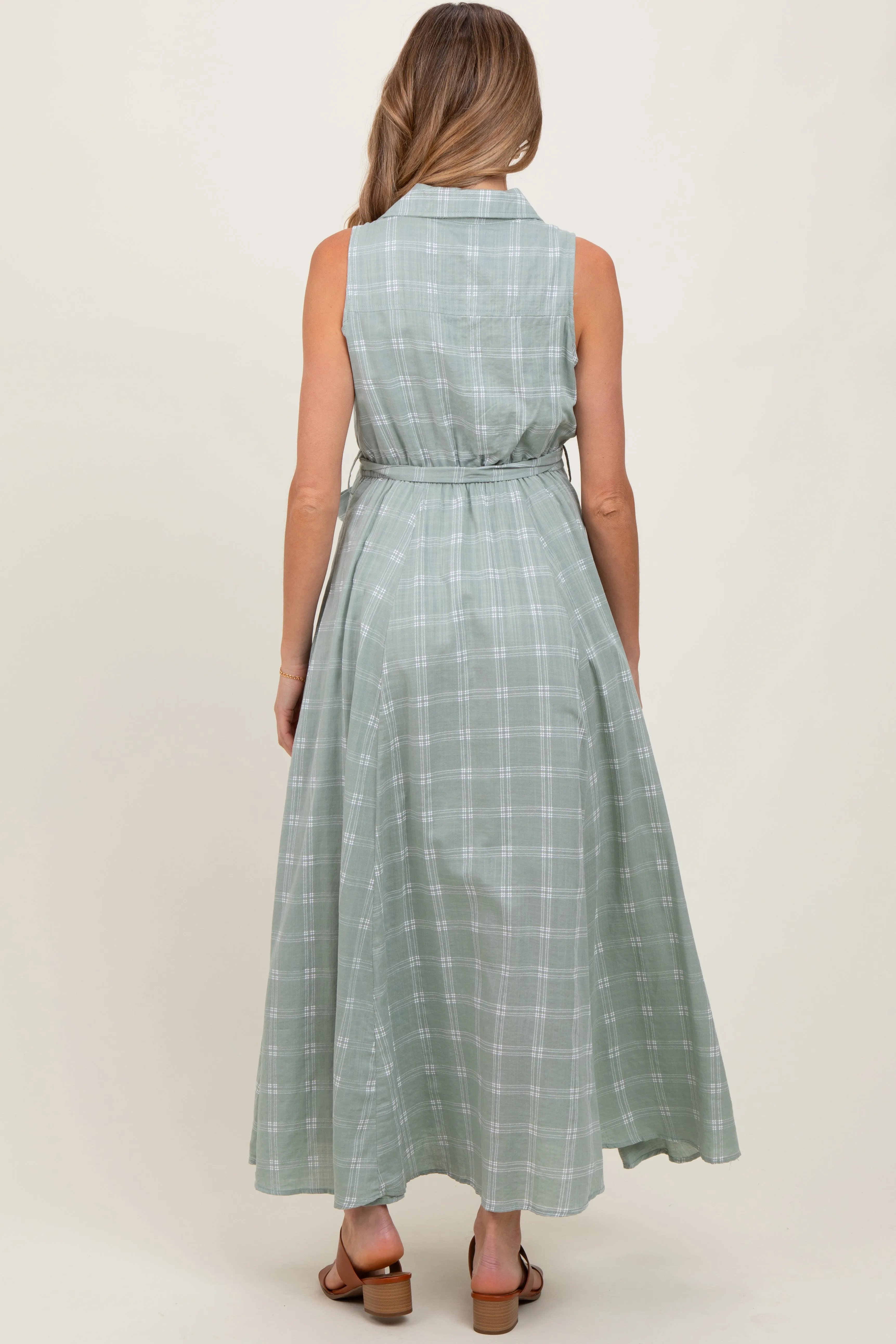 Light Olive Plaid Sleeveless Sash Tie Maternity Shirt Dress sold by Pinkblush product image thumbnail 3