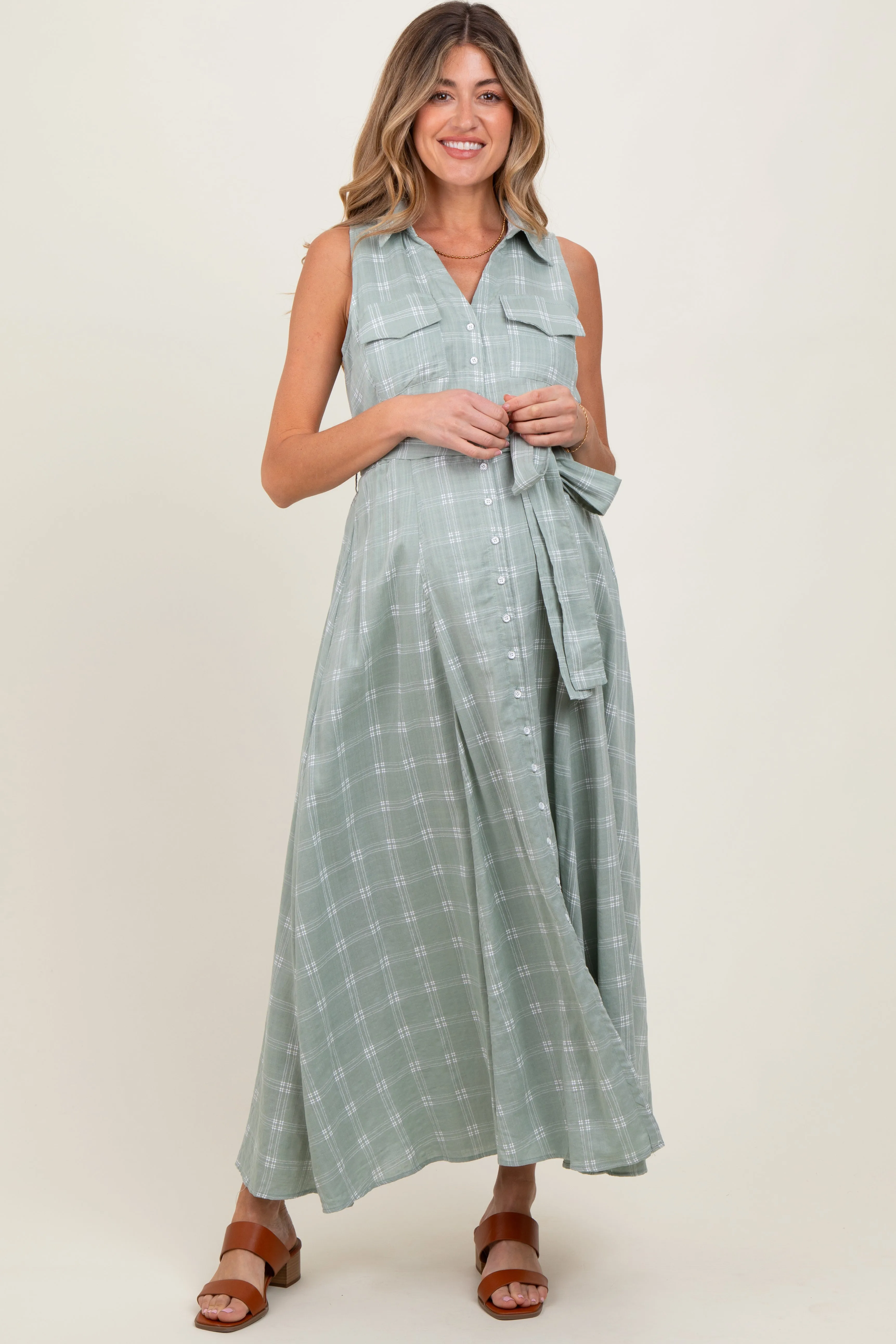 Light Olive Plaid Sleeveless Sash Tie Maternity Shirt Dress sold by Pinkblush