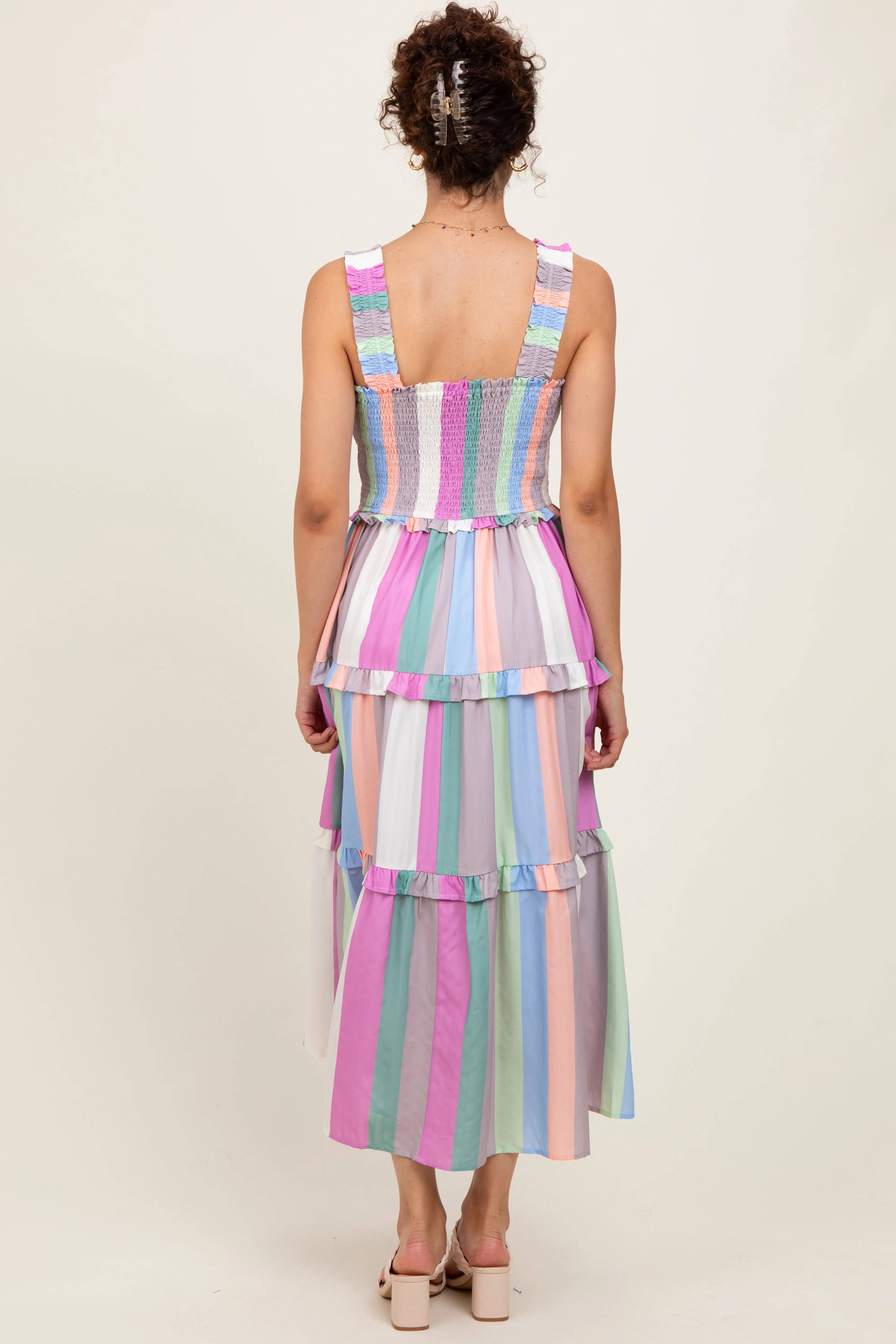 Lavender Wide Stripe Smocked Tiered Midi Dress sold by Pinkblush product image thumbnail 3