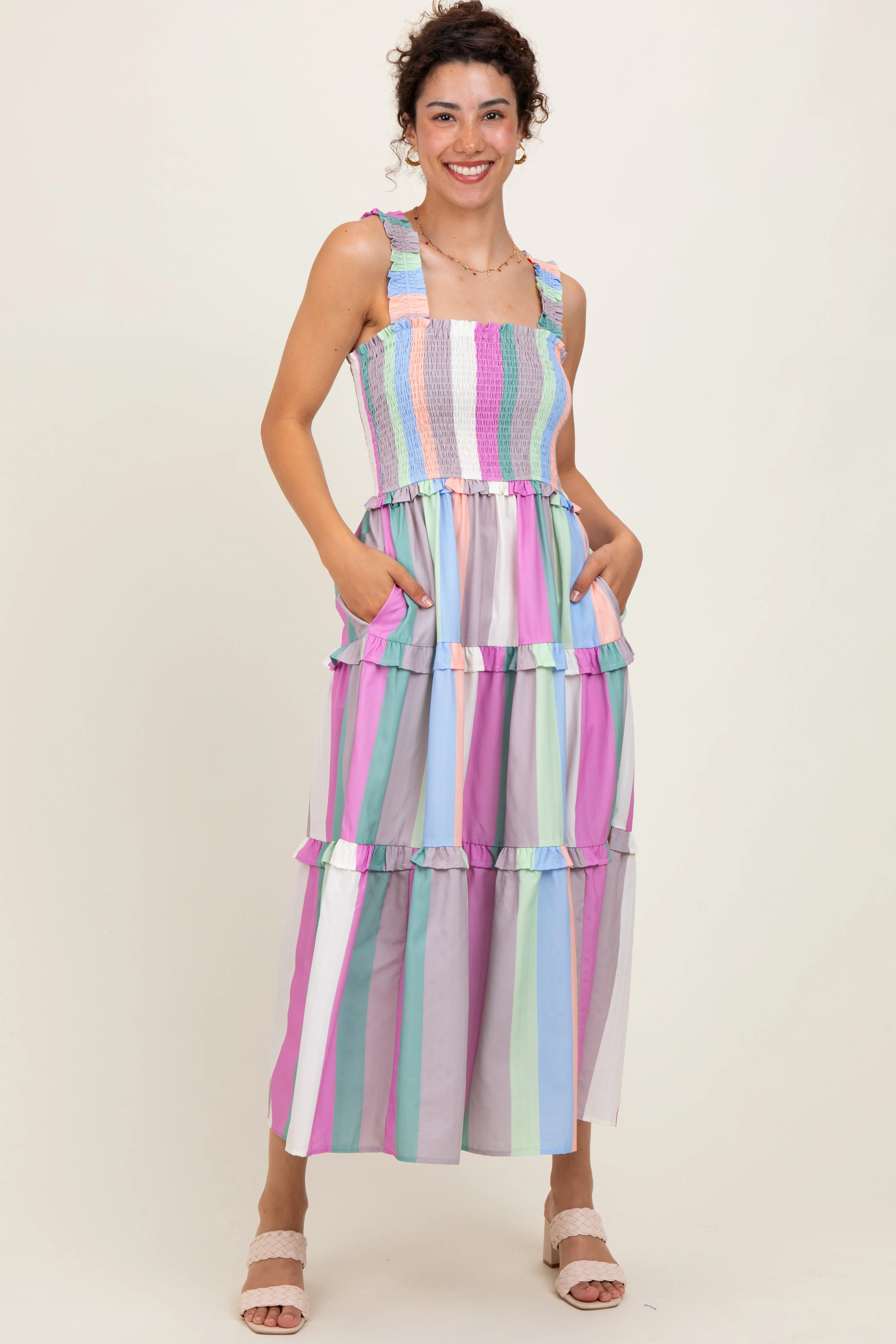 Lavender Wide Stripe Smocked Tiered Midi Dress sold by Pinkblush