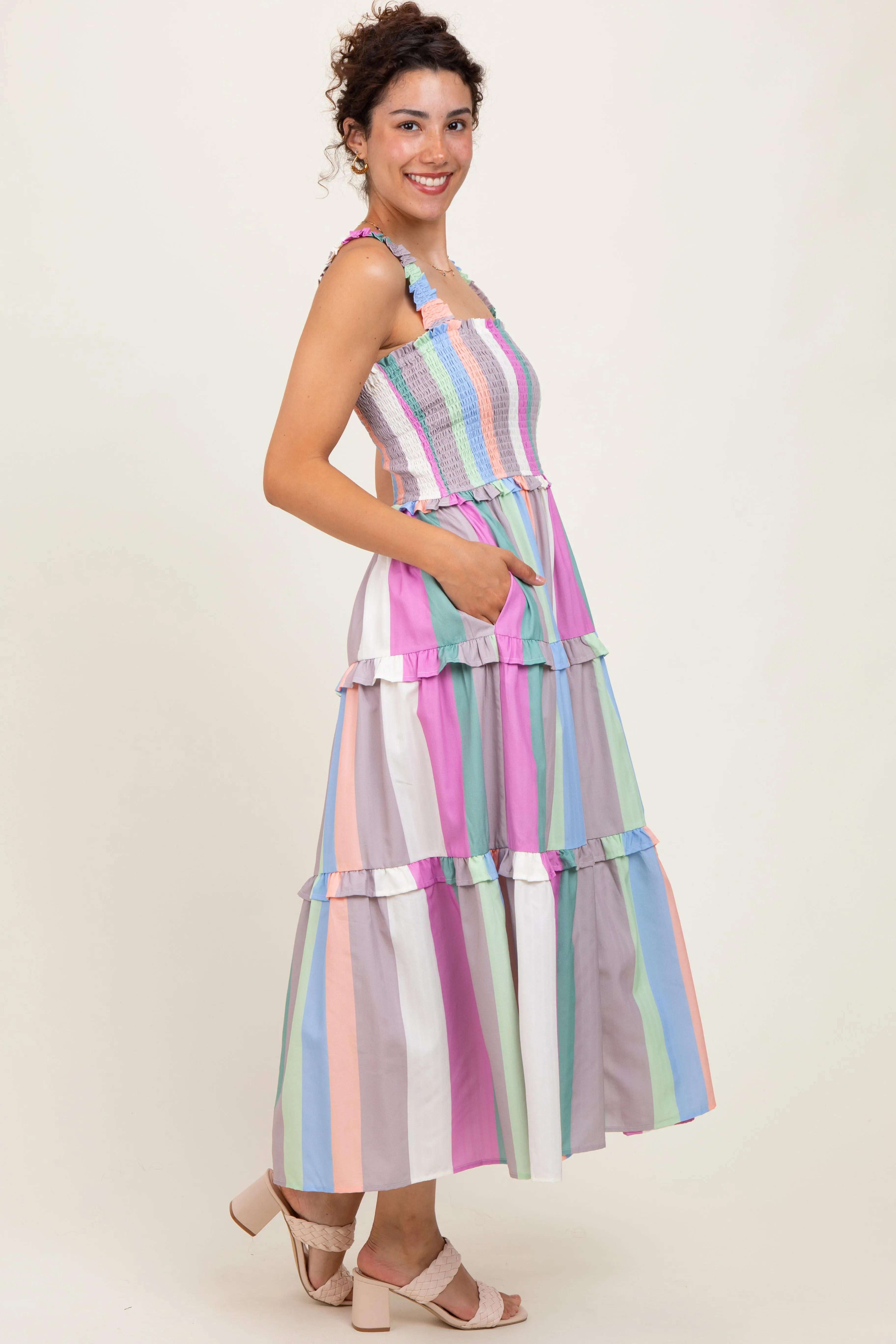 Lavender Wide Stripe Smocked Tiered Midi Dress sold by Pinkblush product image thumbnail 2