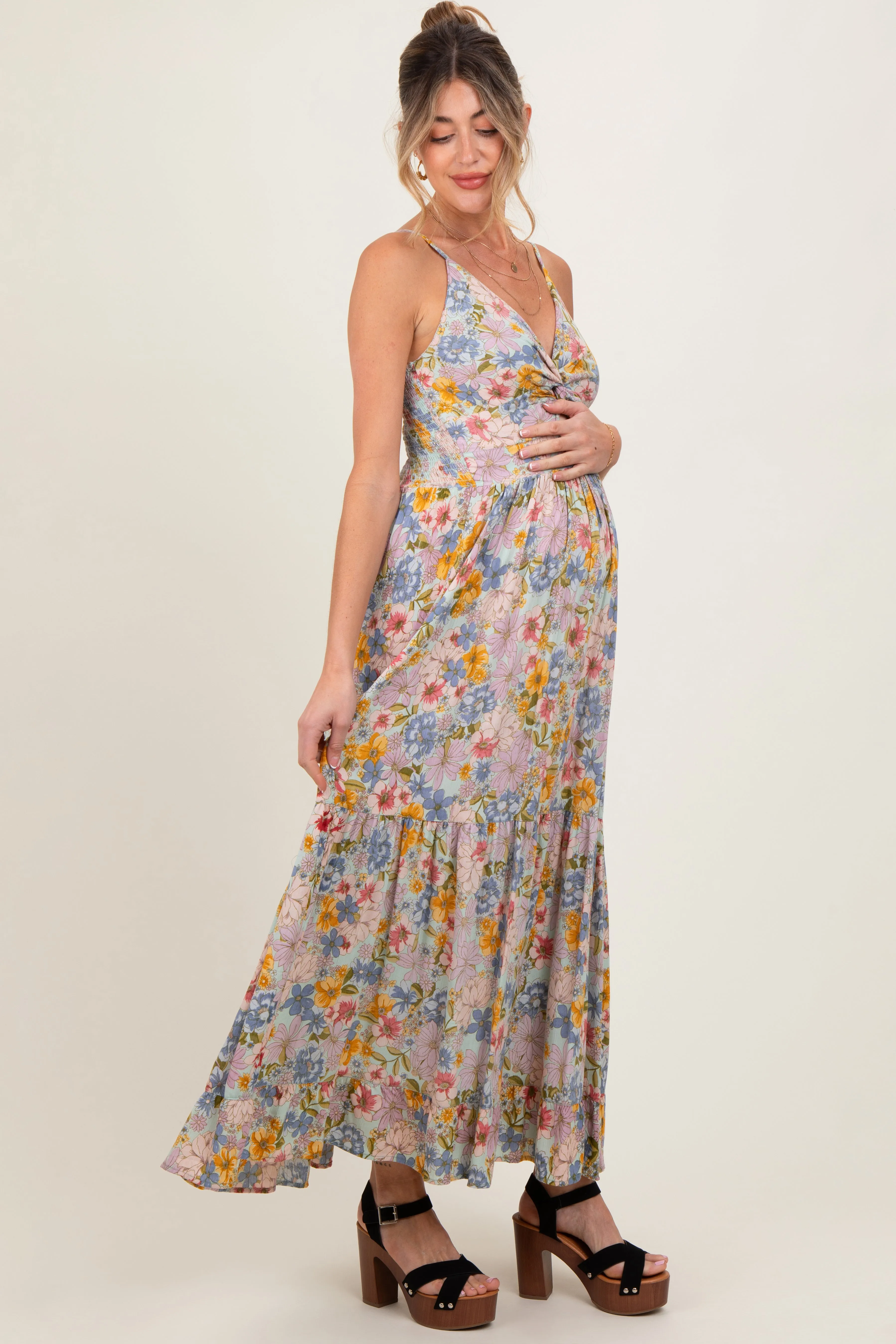 Mint Green Floral Twist Front Cutout Maternity Maxi Dress sold by Pinkblush product image thumbnail 3