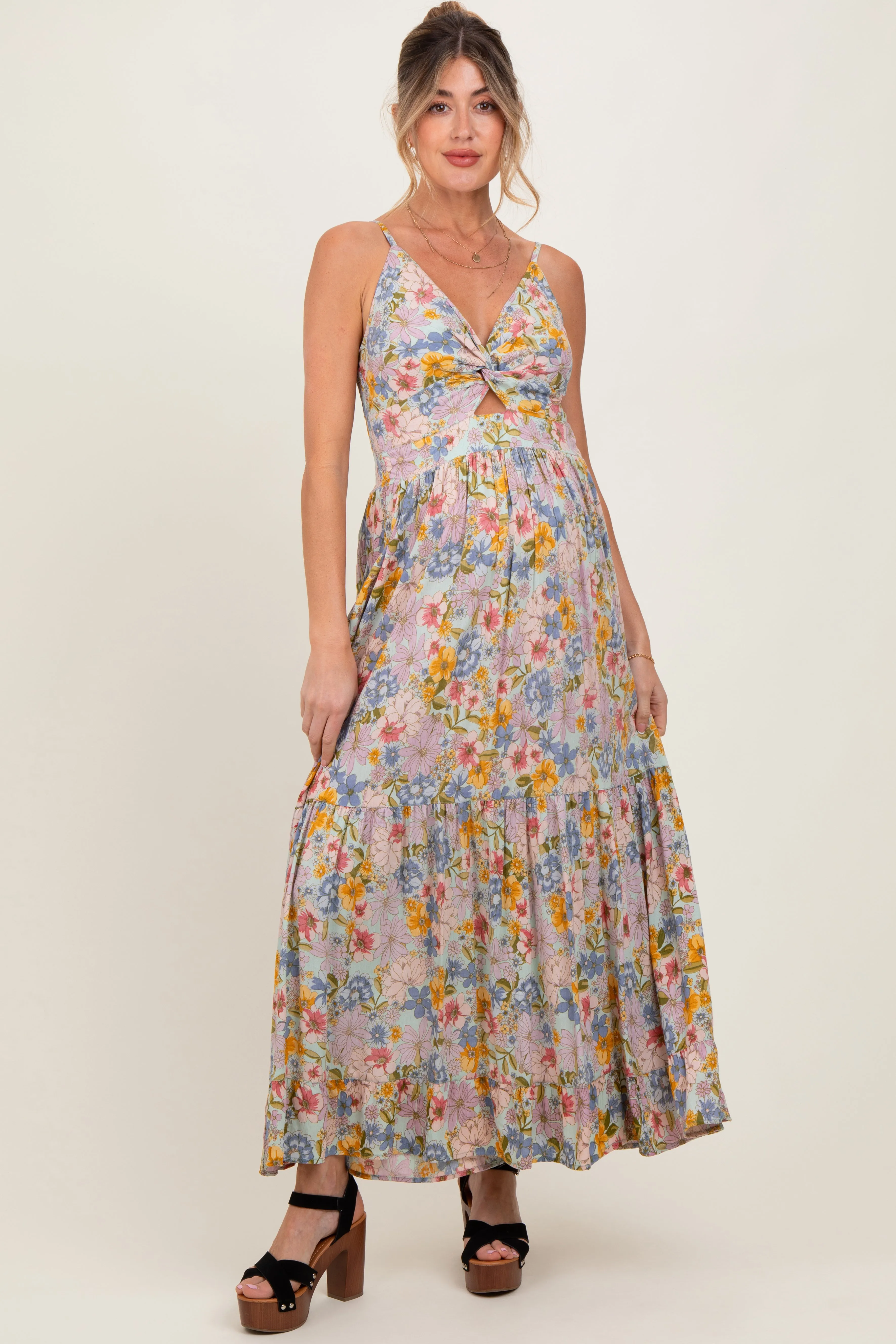 Mint Green Floral Twist Front Cutout Maternity Maxi Dress sold by Pinkblush product image thumbnail 2