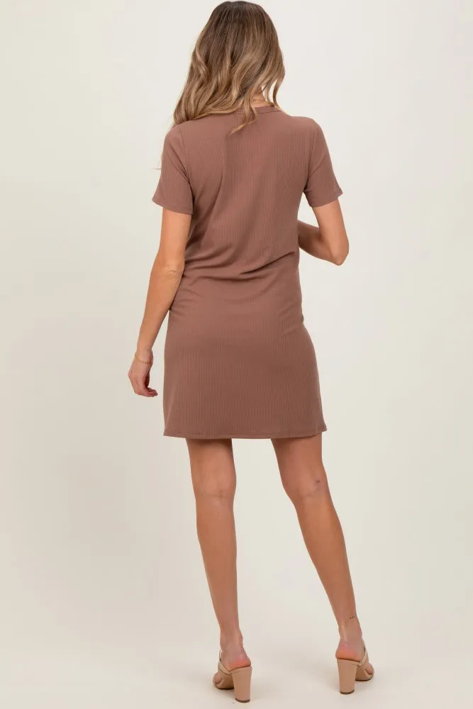 Brown Ribbed Knit Basic Short Sleeve Maternity T-Shirt Dress sold by Pinkblush product image thumbnail 3
