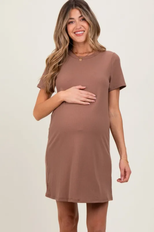 Brown Ribbed Knit Basic Short Sleeve Maternity T-Shirt Dress sold by Pinkblush