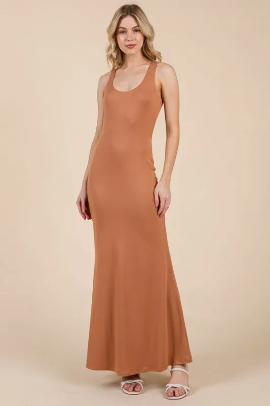 Camel Scoop Neck Fishtail Maxi Dress sold by Pinkblush