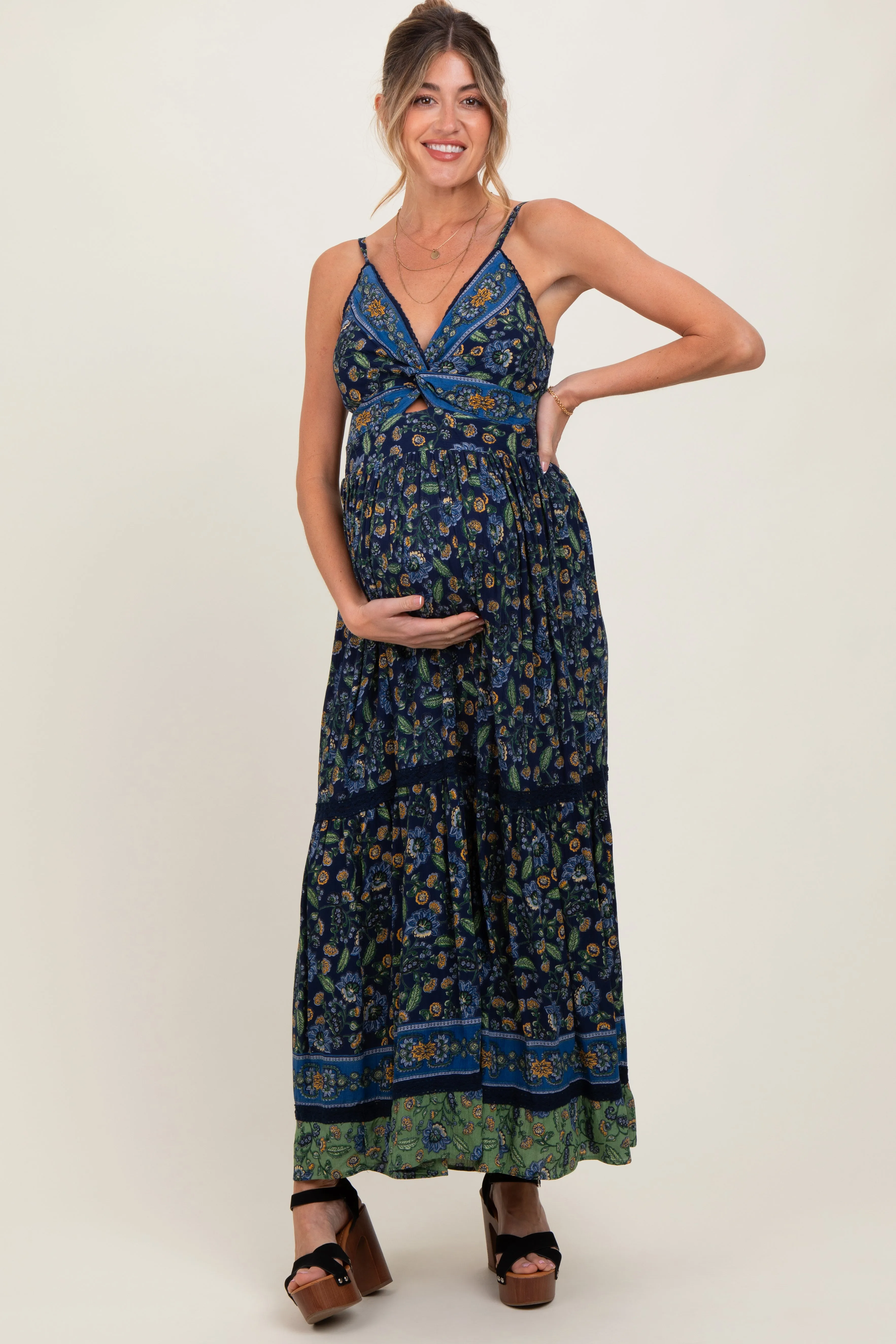 Navy Floral Twist Front Cutout Maternity Maxi Dress sold by Pinkblush product image thumbnail 2