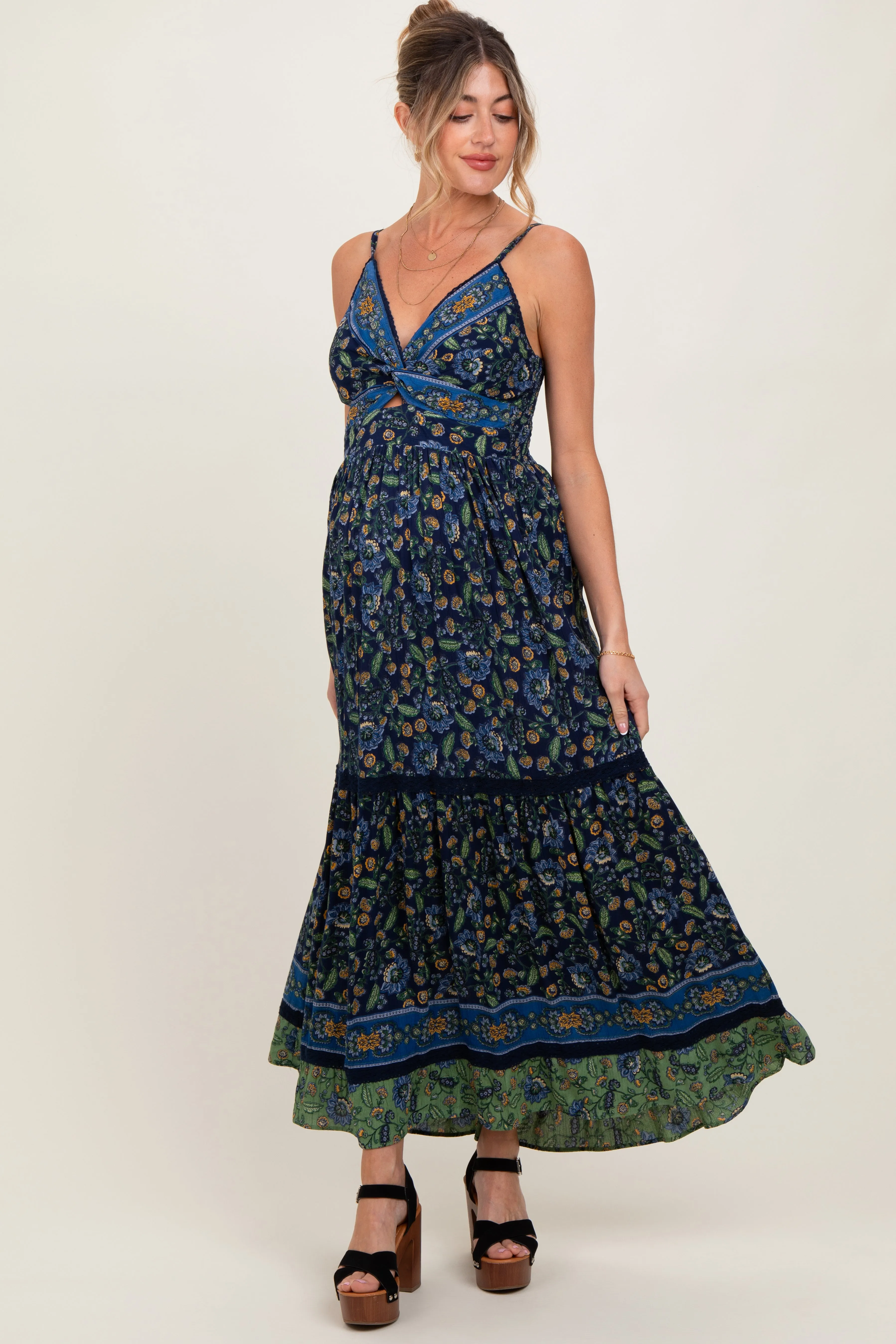 Navy Floral Twist Front Cutout Maternity Maxi Dress sold by Pinkblush