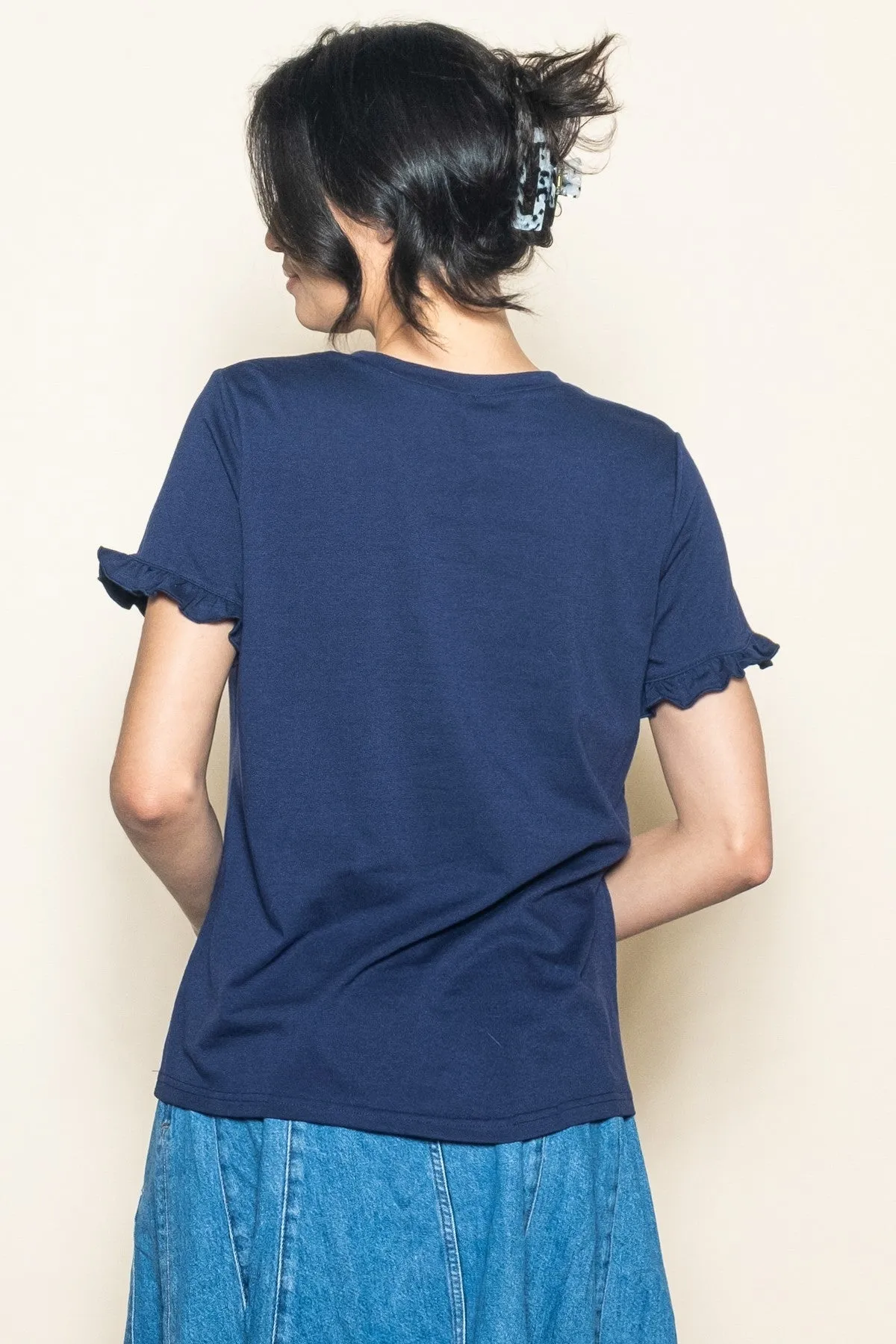Navy Ruffle Trim Short Sleeve T-Shirt sold by Pinkblush product image thumbnail 3