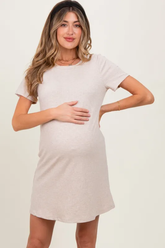 Beige Ribbed Knit Basic Short Sleeve Maternity T-Shirt Dress sold by Pinkblush