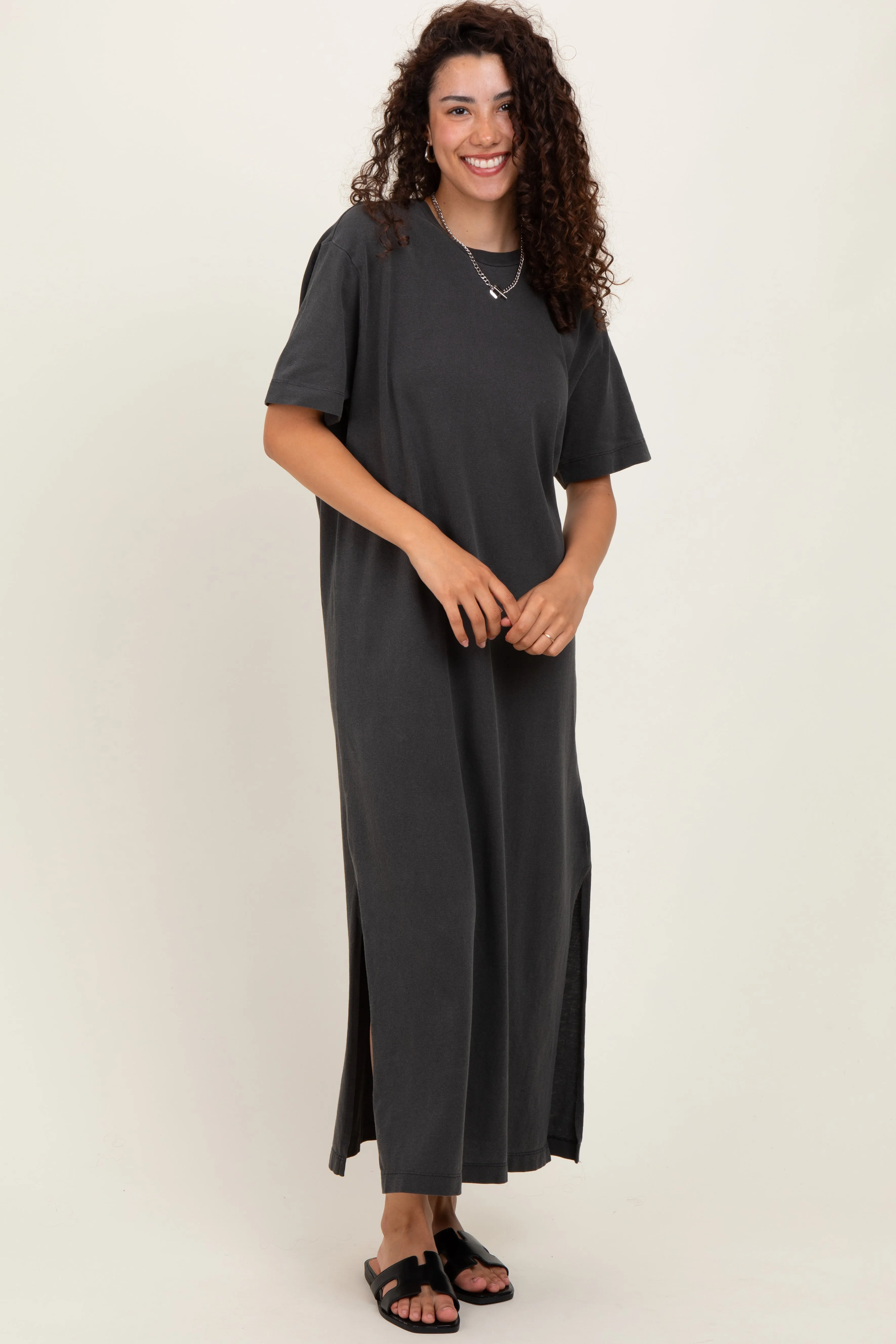 Black Short Sleeve Knit T-Shirt Maxi Dress sold by Pinkblush