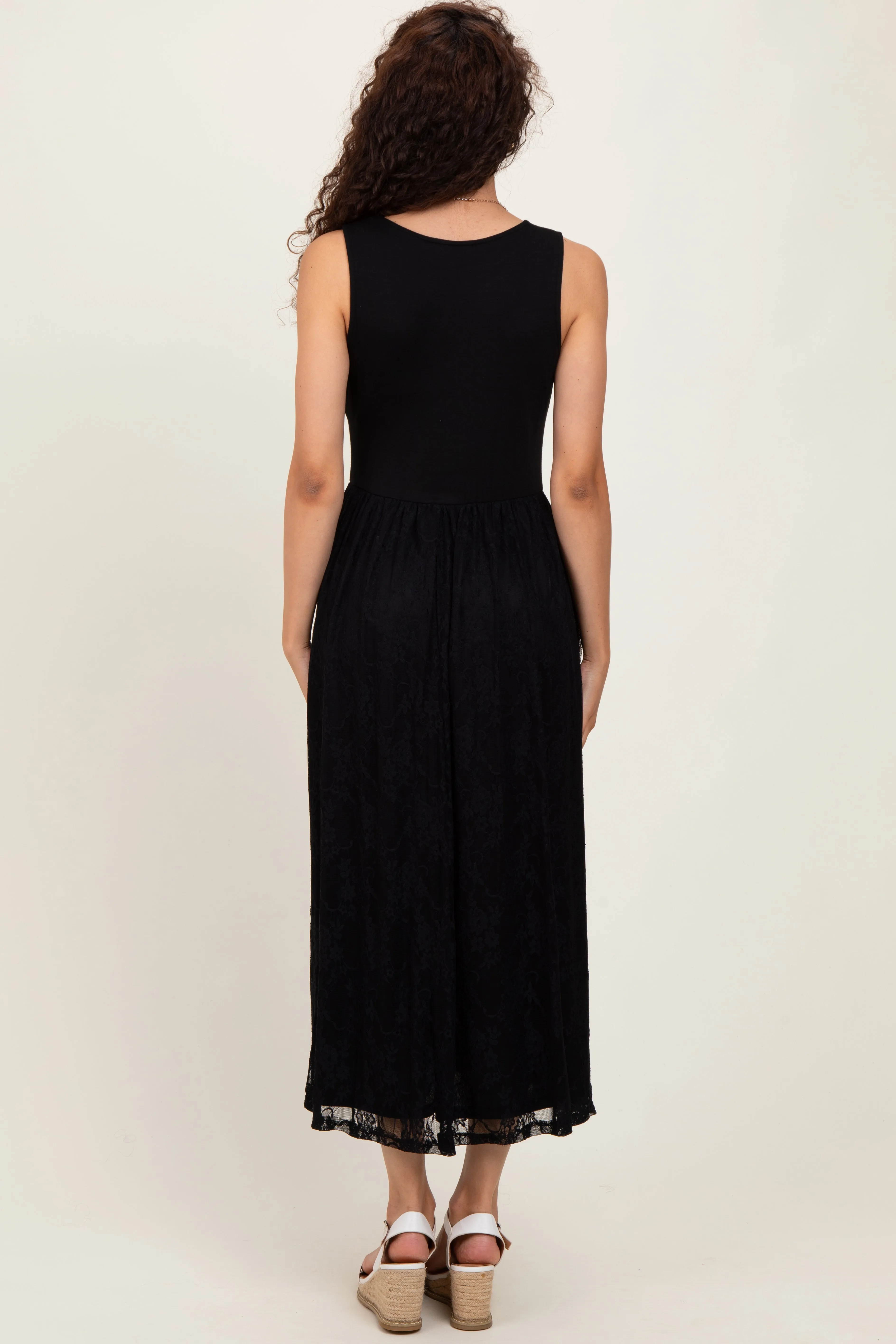 Black Solid Tank Top Lace Skirt Midi Dress sold by Pinkblush product image thumbnail 3