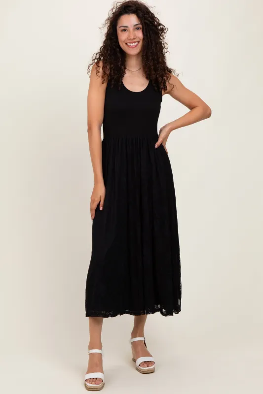 Black Solid Tank Top Lace Skirt Midi Dress sold by Pinkblush