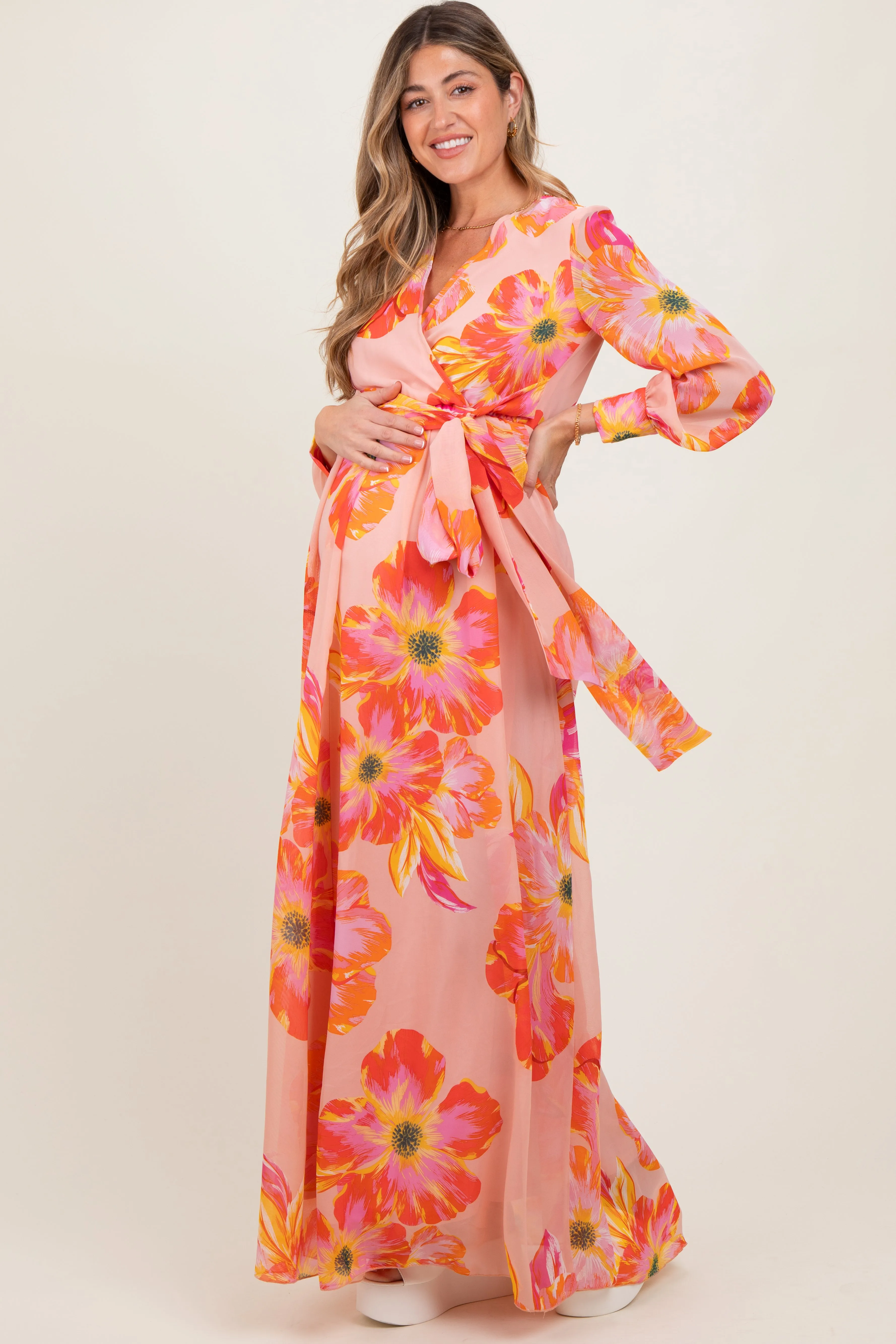 Peach Floral Chiffon Sash Tie Maternity Wrap Maxi Dress sold by Pinkblush product image thumbnail 3