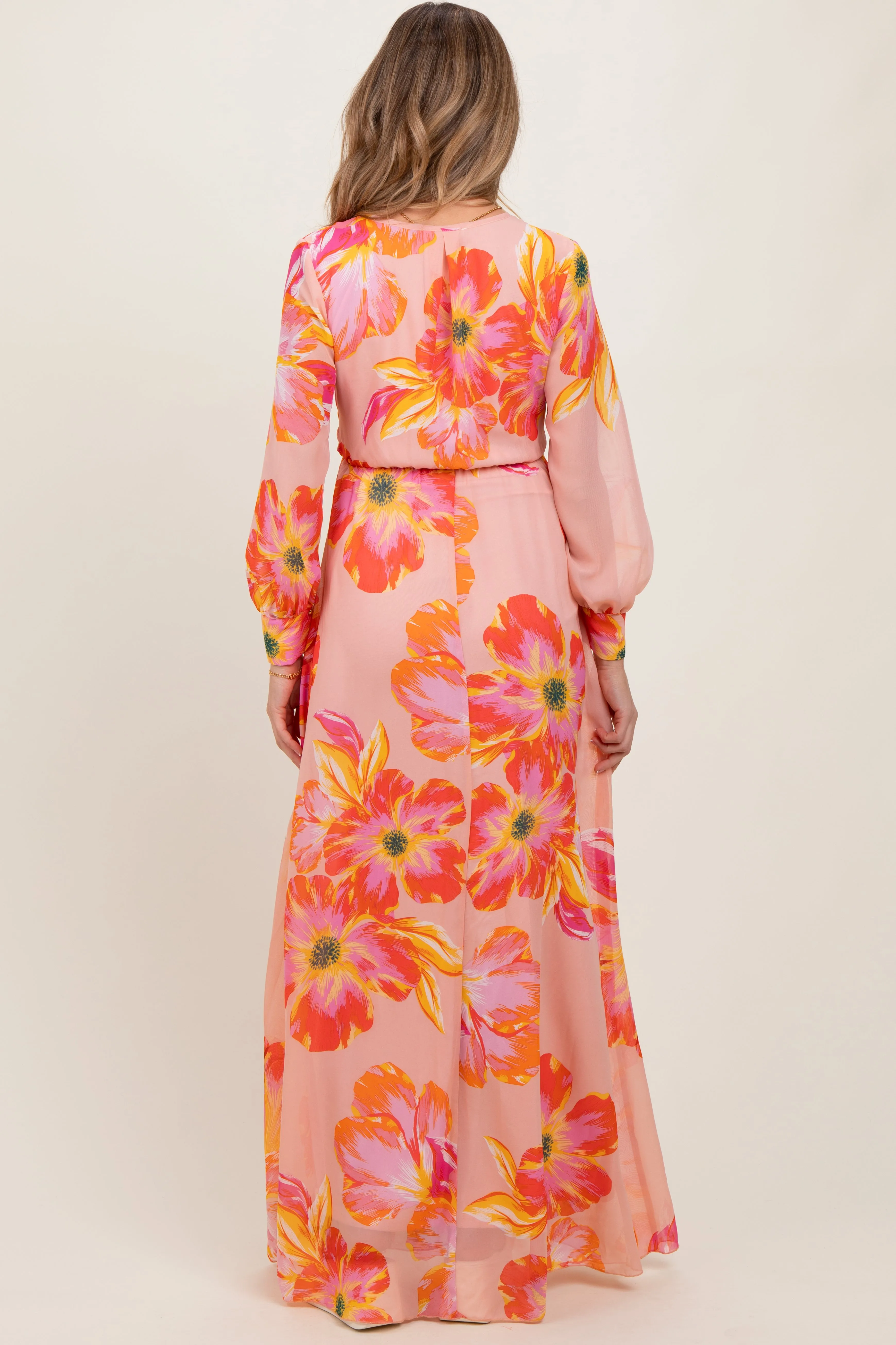Peach Floral Chiffon Sash Tie Maternity Wrap Maxi Dress sold by Pinkblush product image thumbnail 4