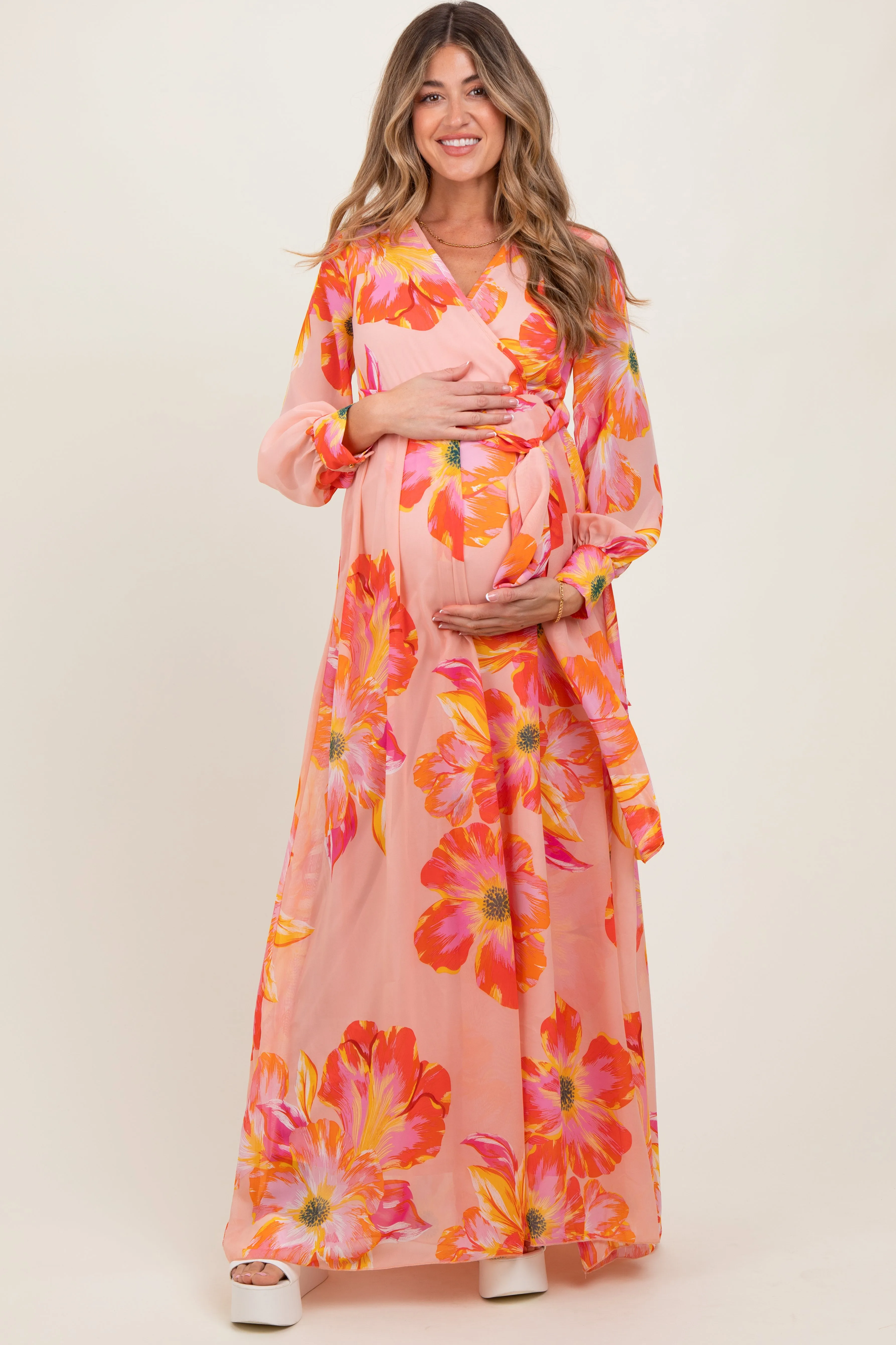 Peach Floral Chiffon Sash Tie Maternity Wrap Maxi Dress sold by Pinkblush