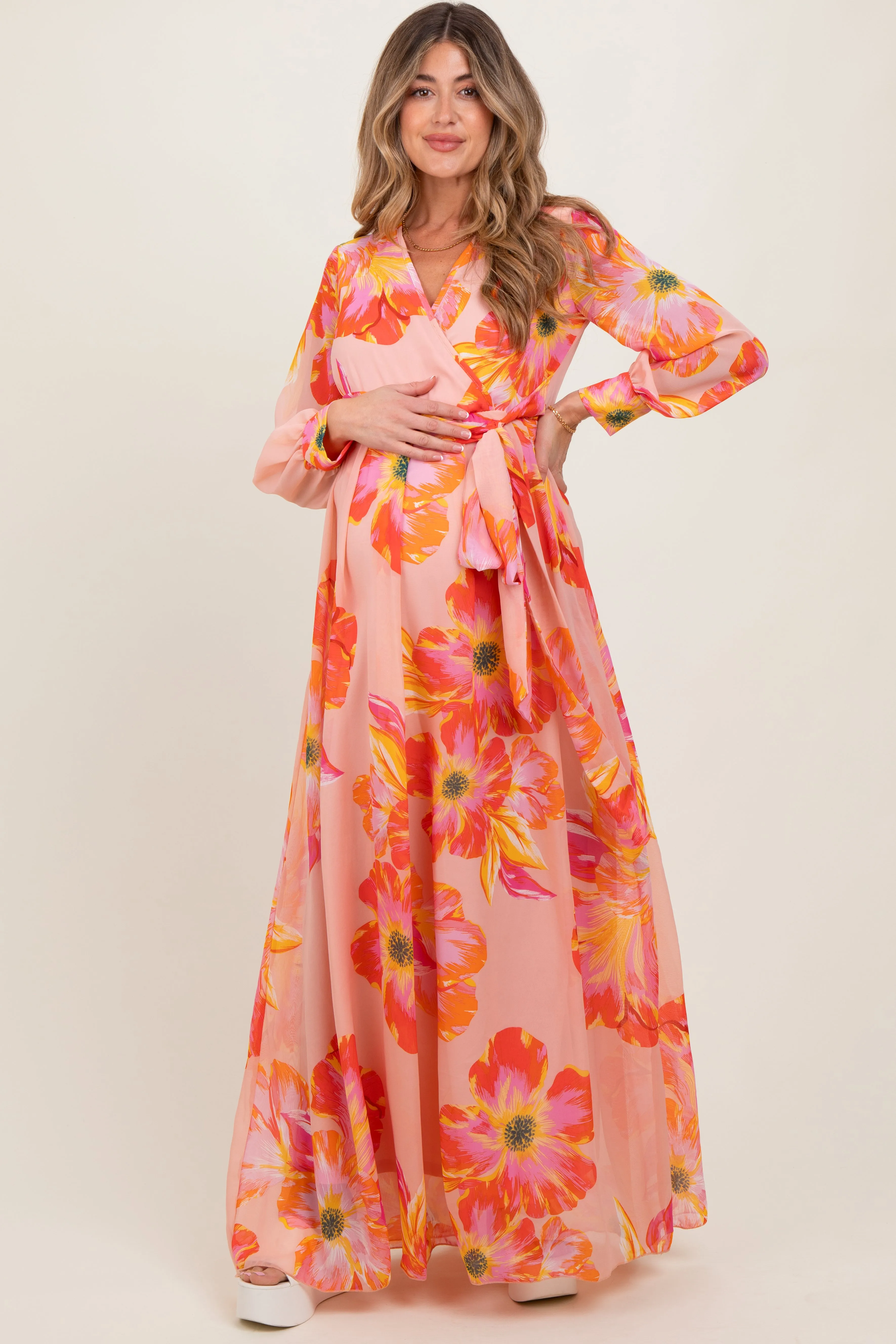 Peach Floral Chiffon Sash Tie Maternity Wrap Maxi Dress sold by Pinkblush product image thumbnail 2