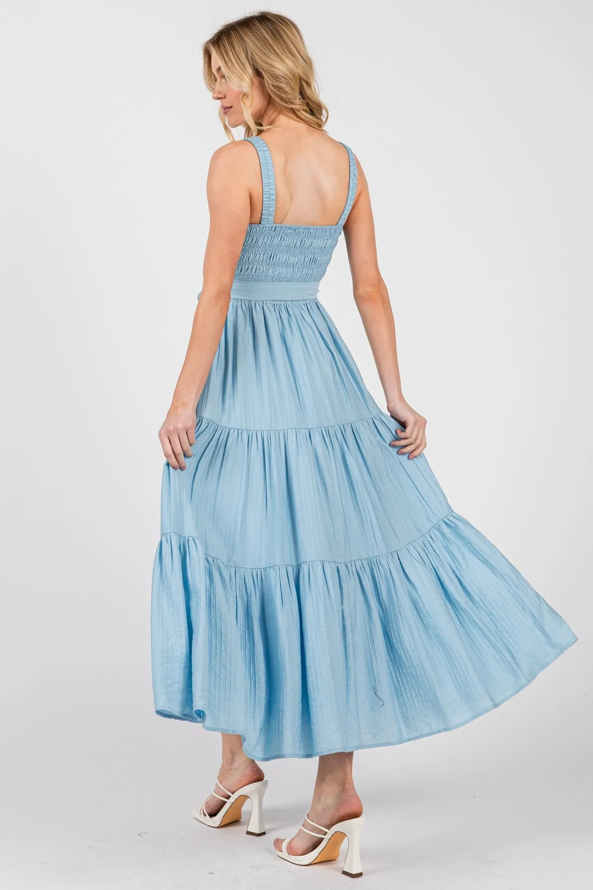 Light Blue Smocked Tiered Midi Dress sold by Pinkblush product image thumbnail 4