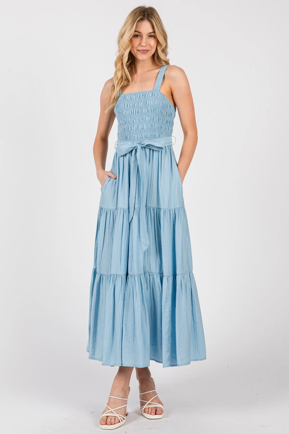 Light Blue Smocked Tiered Midi Dress sold by Pinkblush product image thumbnail 2