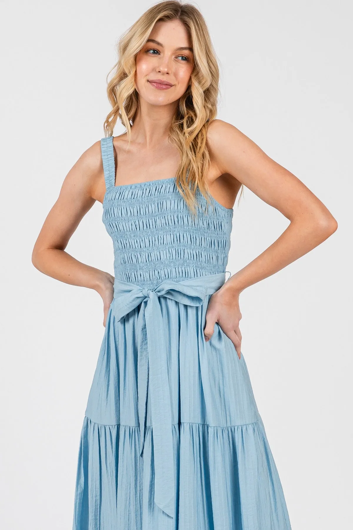 Light Blue Smocked Tiered Midi Dress sold by Pinkblush product image thumbnail 5