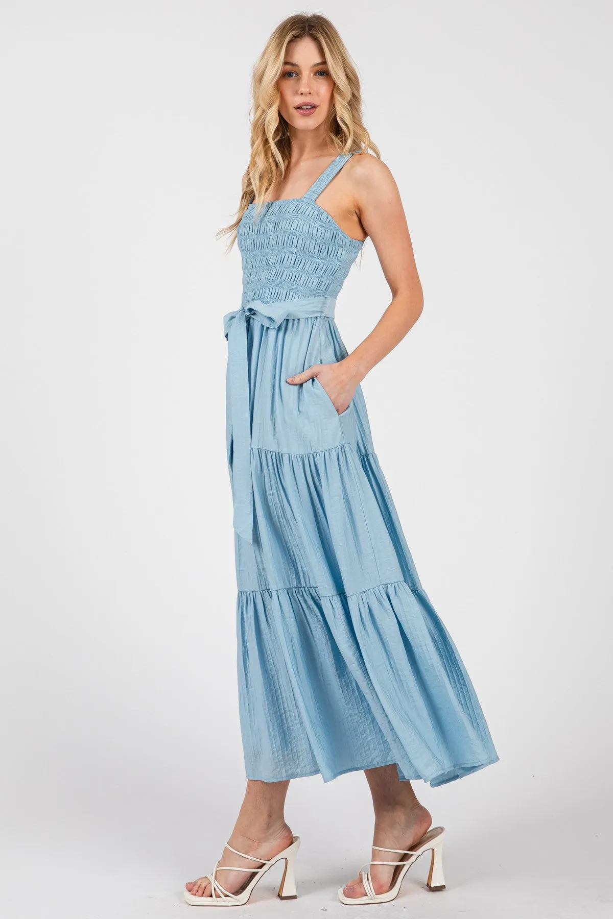 Light Blue Smocked Tiered Midi Dress sold by Pinkblush product image thumbnail 3