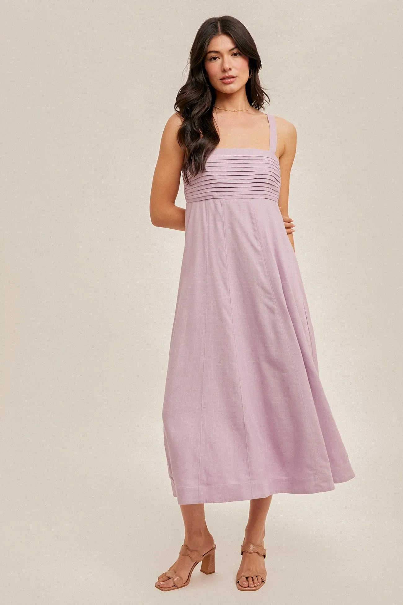 Lavender Pleated Bodice Midi Dress sold by Pinkblush