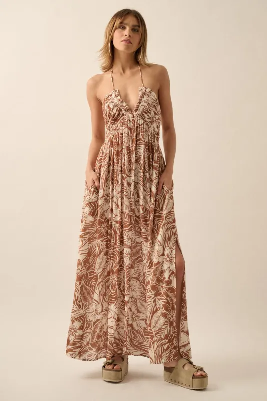 Taupe Floral Ruched V-Neck Halter Maxi Dress sold by Pinkblush