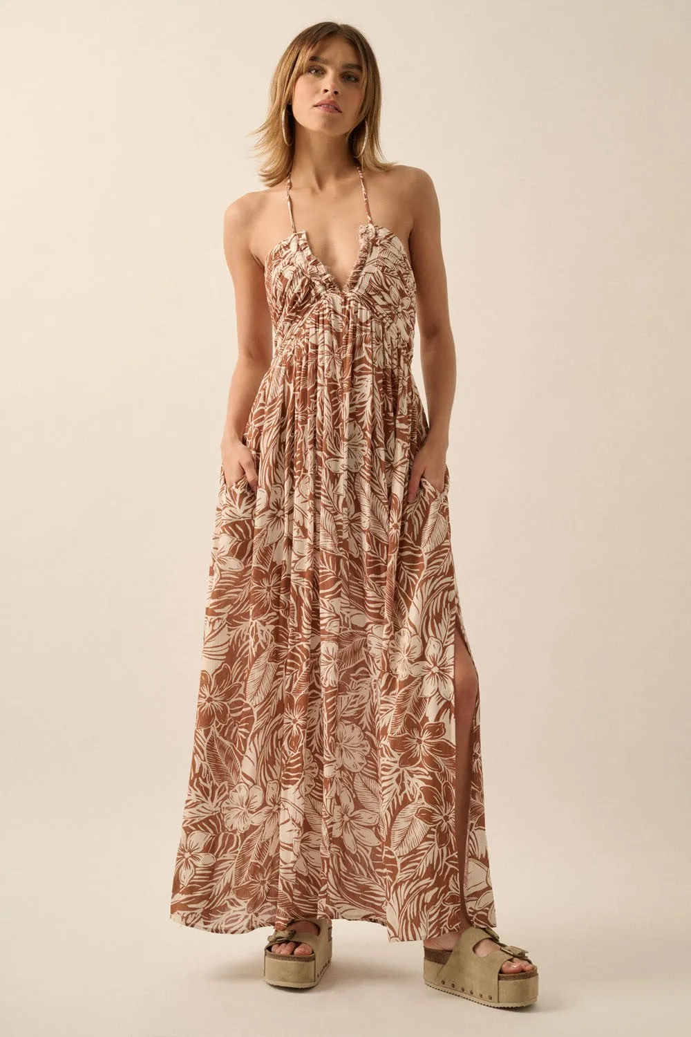 Taupe Floral Ruched V-Neck Halter Maxi Dress sold by Pinkblush