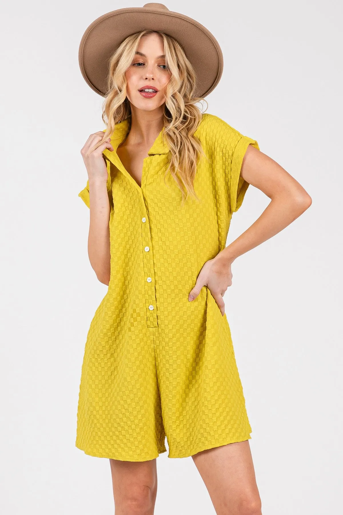 Yellow Jacquard Plaid Button-Down Romper sold by Pinkblush