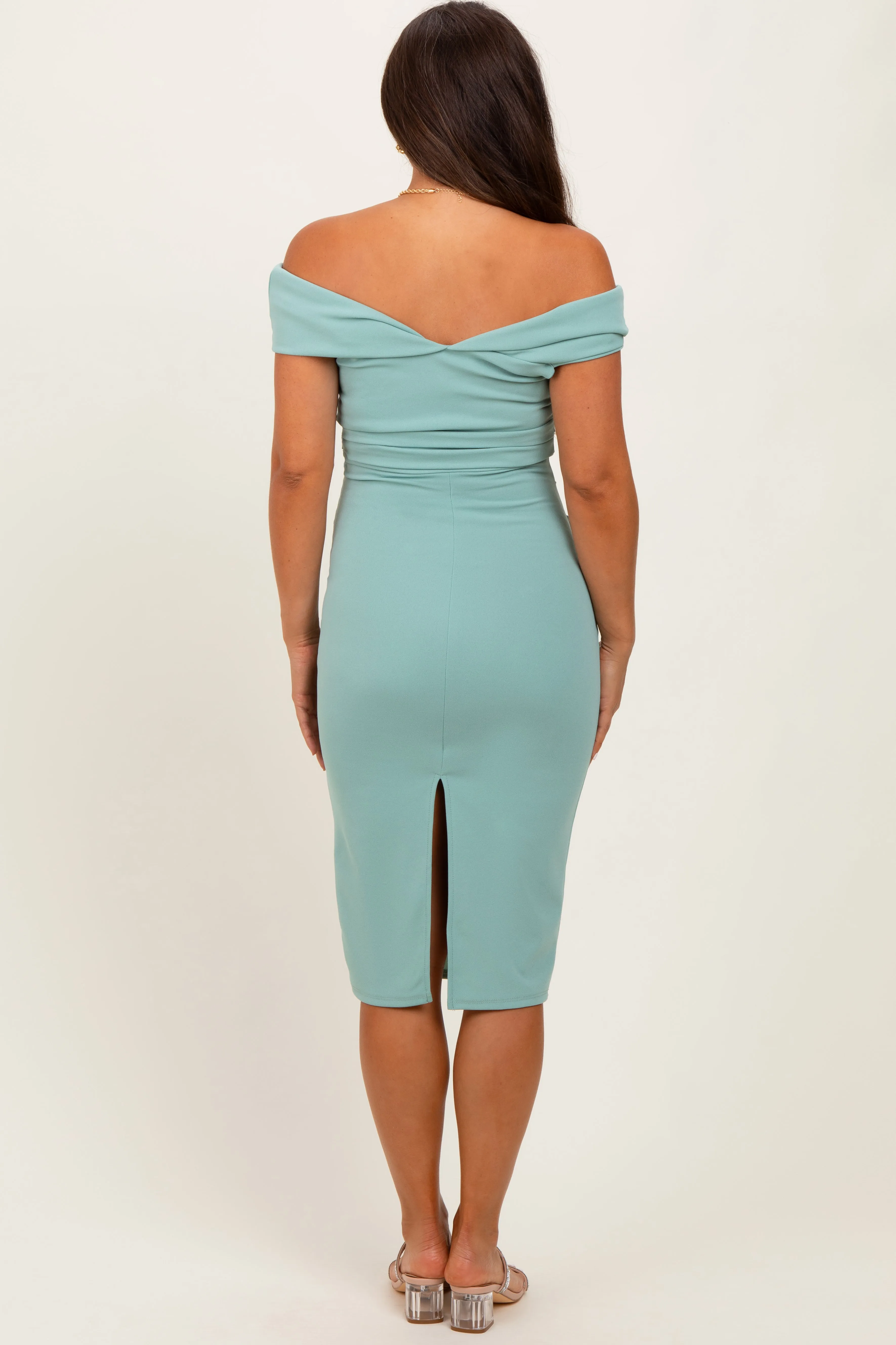 Light Olive Off Shoulder Fitted Maternity Midi Dress sold by Pinkblush product image thumbnail 3