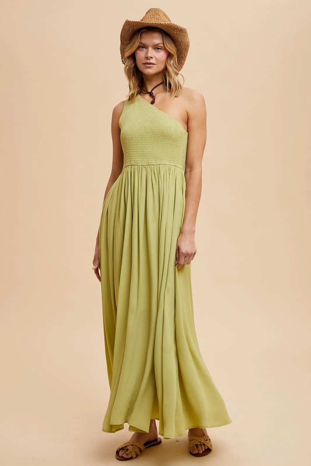 Green Smocked One Shoulder Maxi Dress sold by Pinkblush product image thumbnail 2