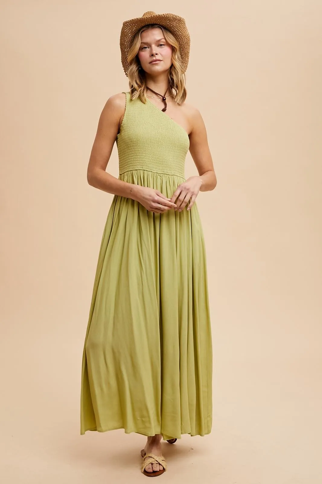 Green Smocked One Shoulder Maxi Dress sold by Pinkblush product image thumbnail 3