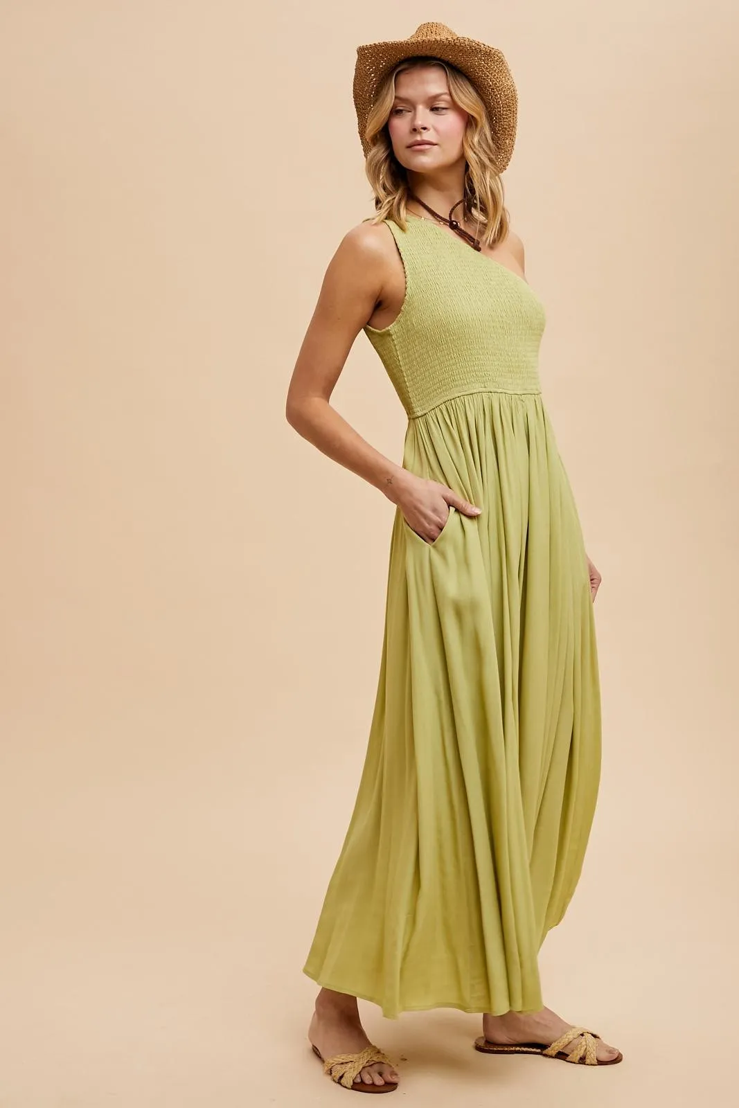 Green Smocked One Shoulder Maxi Dress sold by Pinkblush product image thumbnail 4