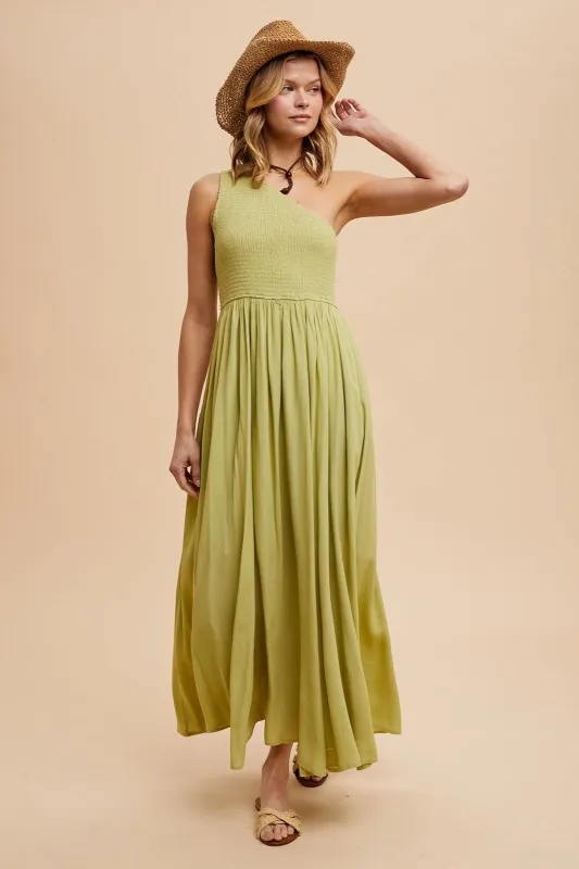 Green Smocked One Shoulder Maxi Dress sold by Pinkblush