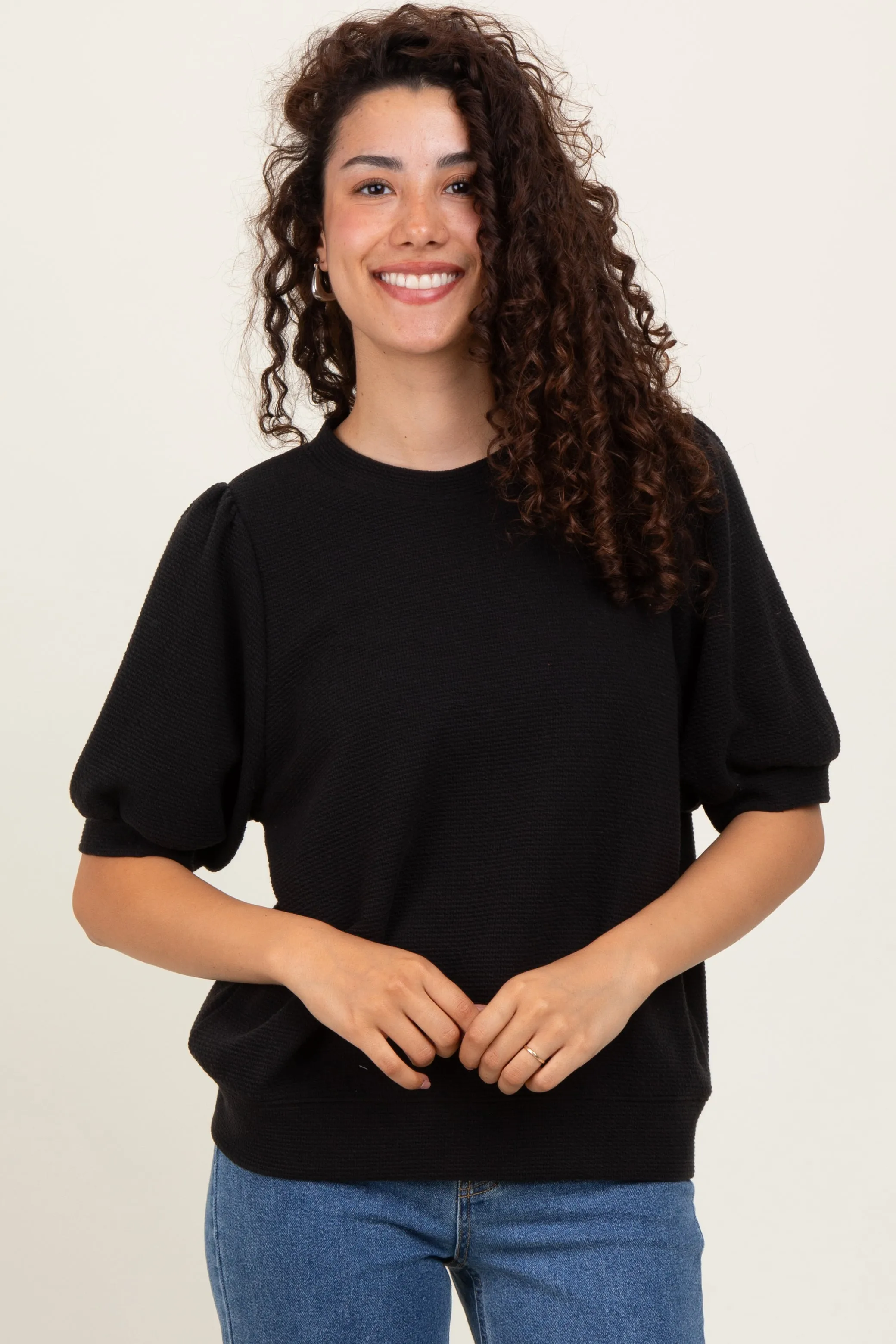 Black Knit Puff Sleeve Top sold by Pinkblush