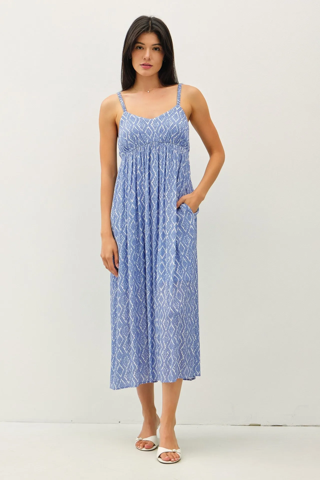 Blue Printed Sleeveless Midi Dress sold by Pinkblush