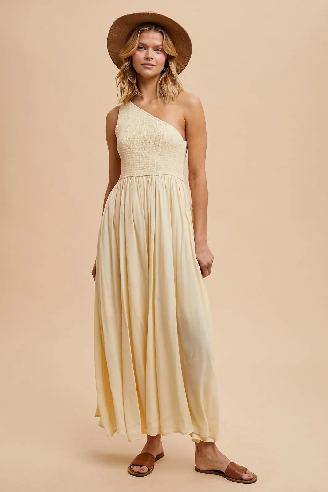 Cream Smocked One Shoulder Maxi Dress sold by Pinkblush product image thumbnail 3