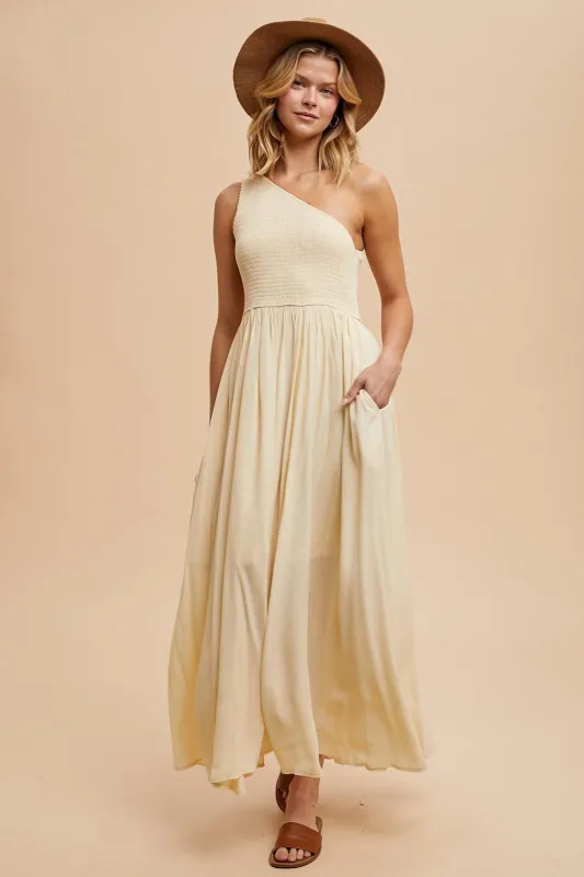 Cream Smocked One Shoulder Maxi Dress sold by Pinkblush