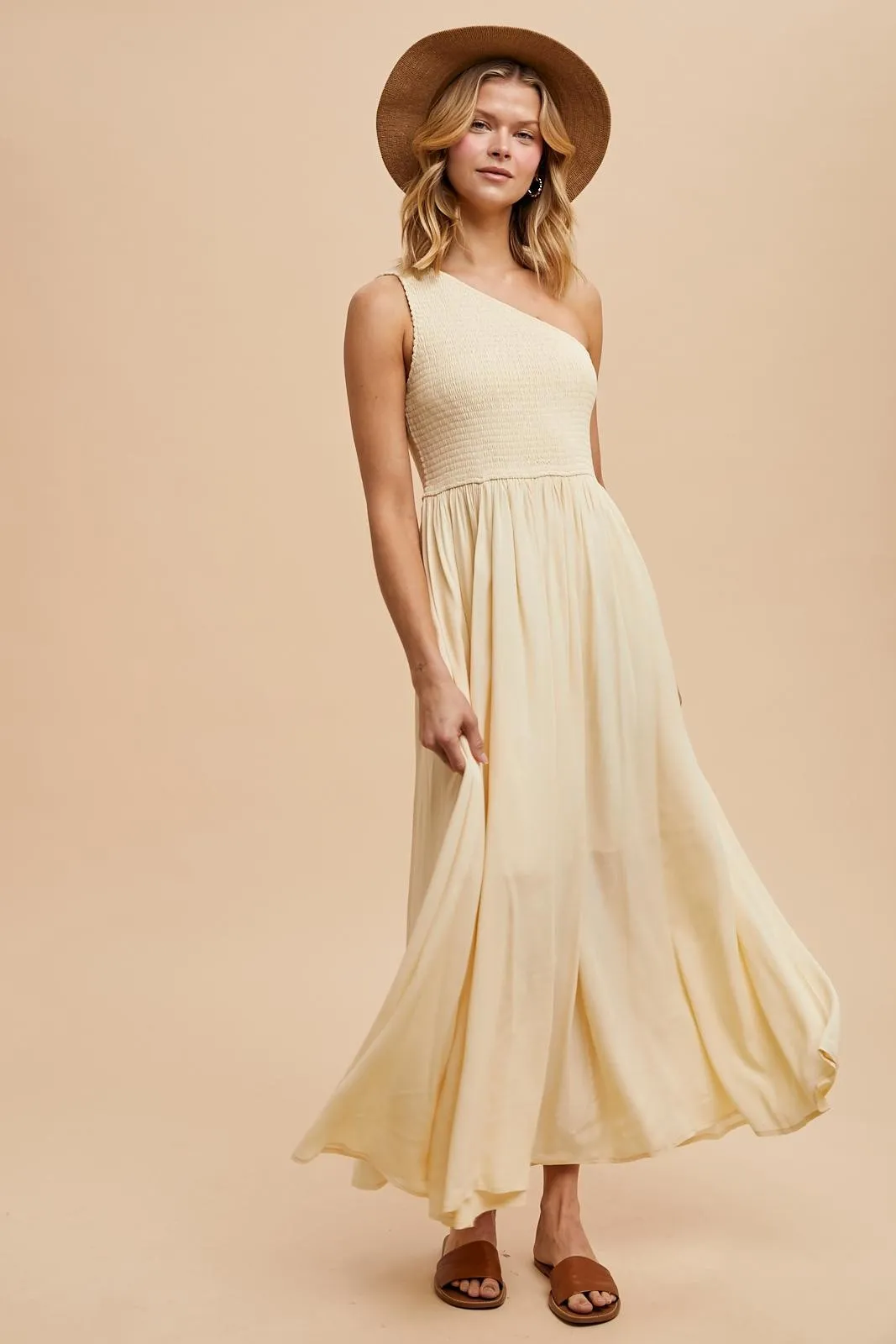 Cream Smocked One Shoulder Maxi Dress sold by Pinkblush product image thumbnail 2
